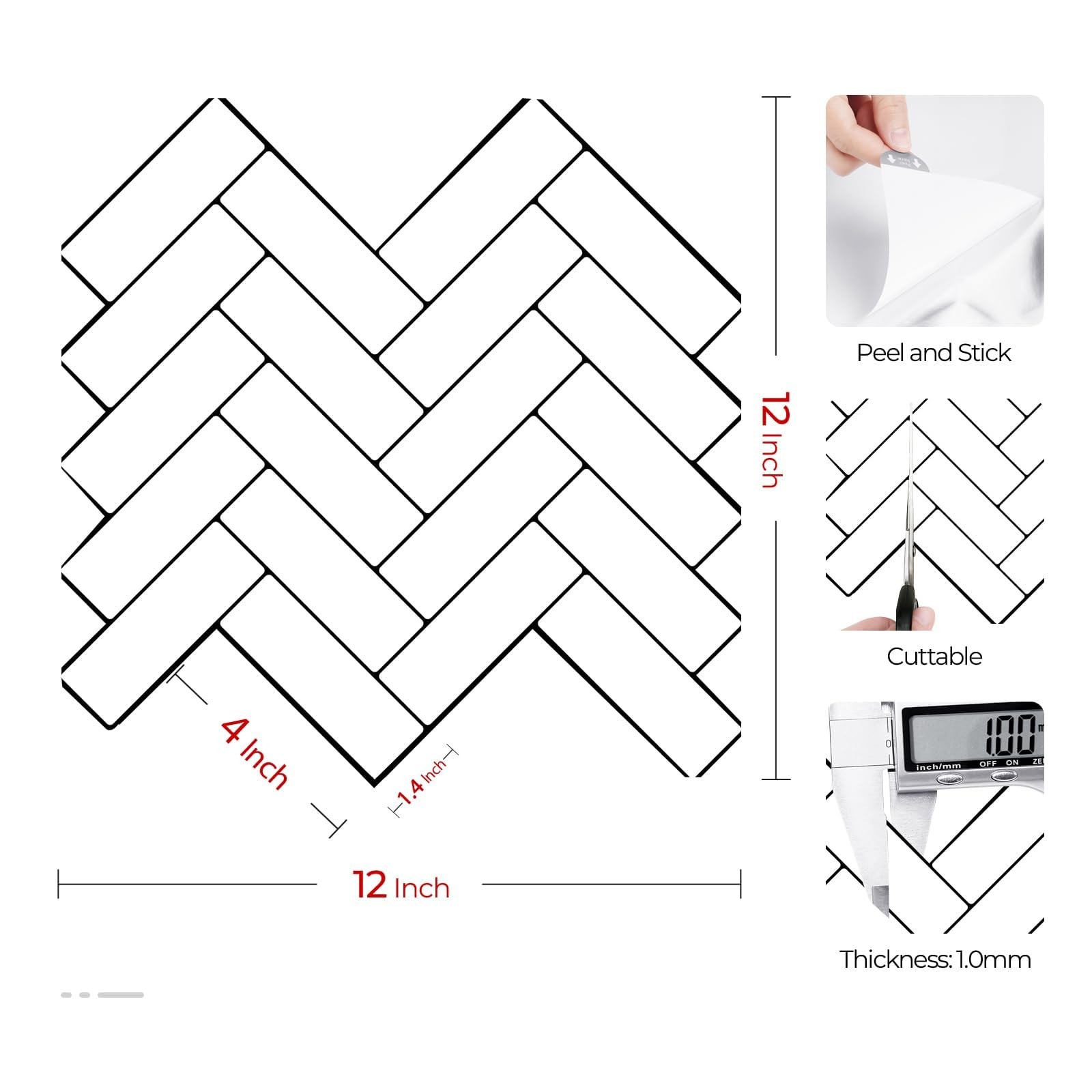 White Herringbone Subway Tile Peel and Stick Backsplash for Kitchen Wall Bath…