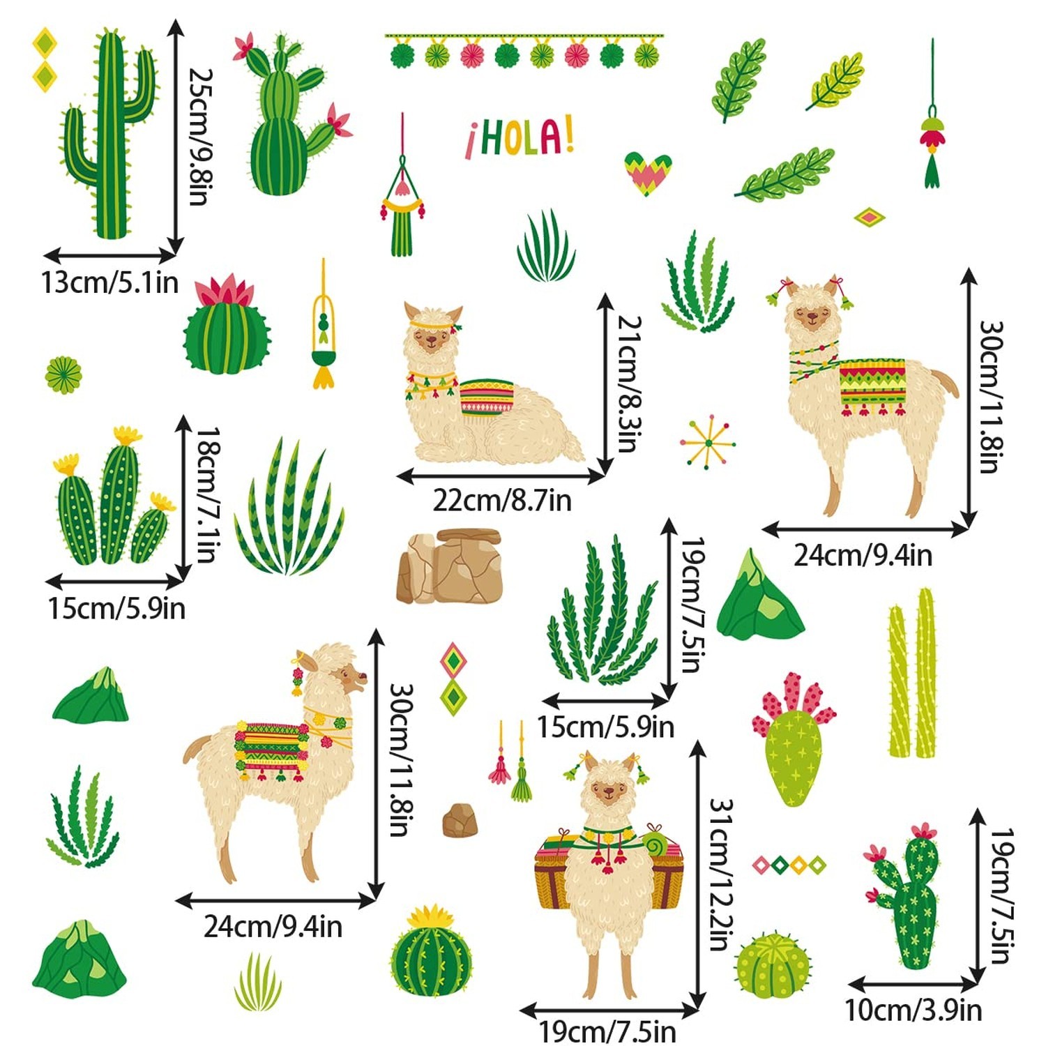 Colorful Alpaca Llama Wall Decal Stickers, DIY Desert Plants Cactus Leaves St…