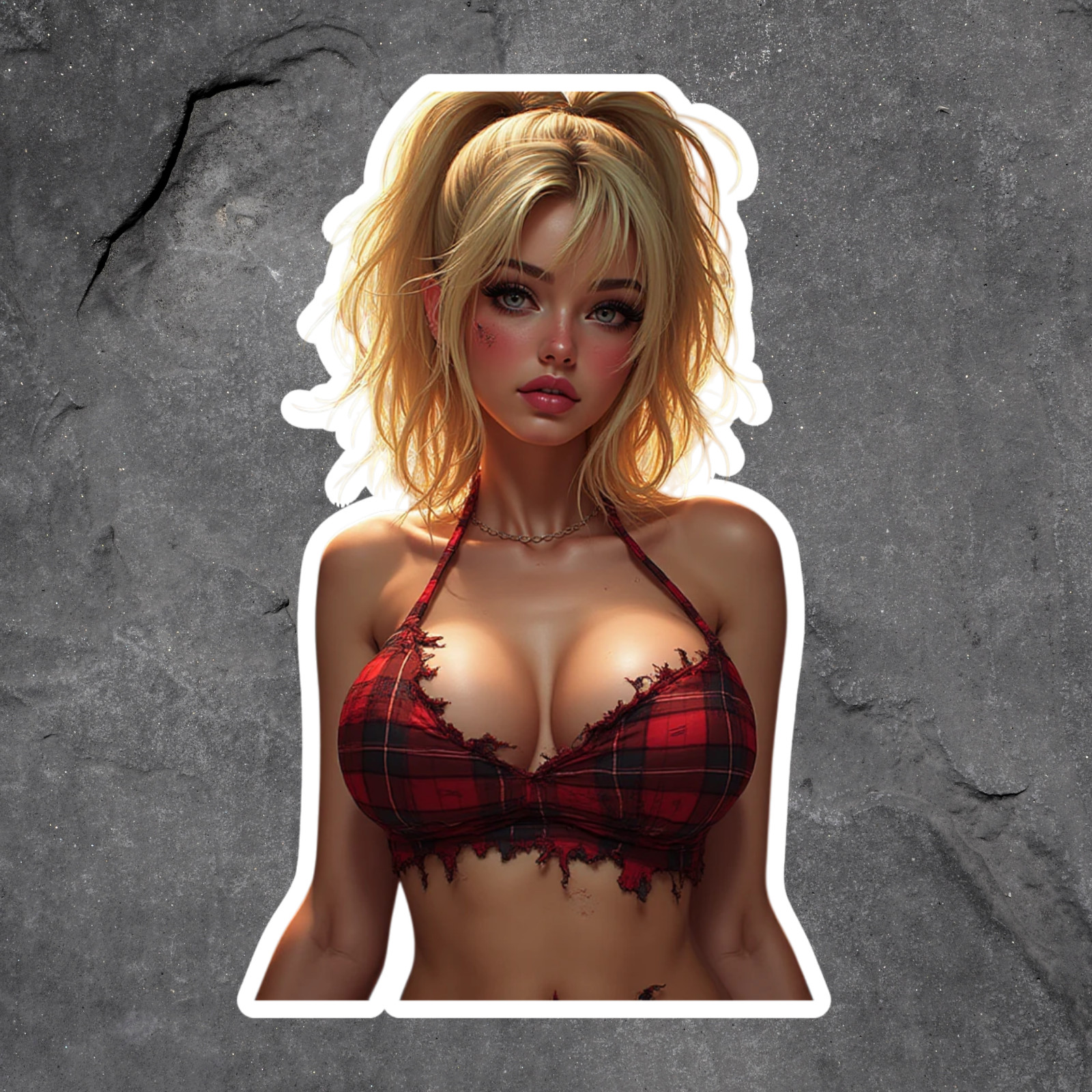 Pinup Girl Sticker Vinyl Decal Sexy Blonde Woman Red Plaid Bra Fashion Style