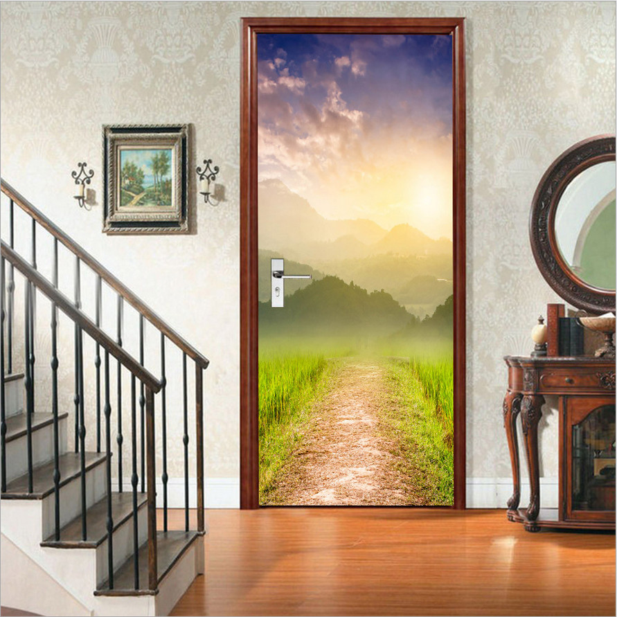 3D Wall Art Waterfall Forest Koi Door Sticker PVC Decal Self-adhesive Wrap Mural