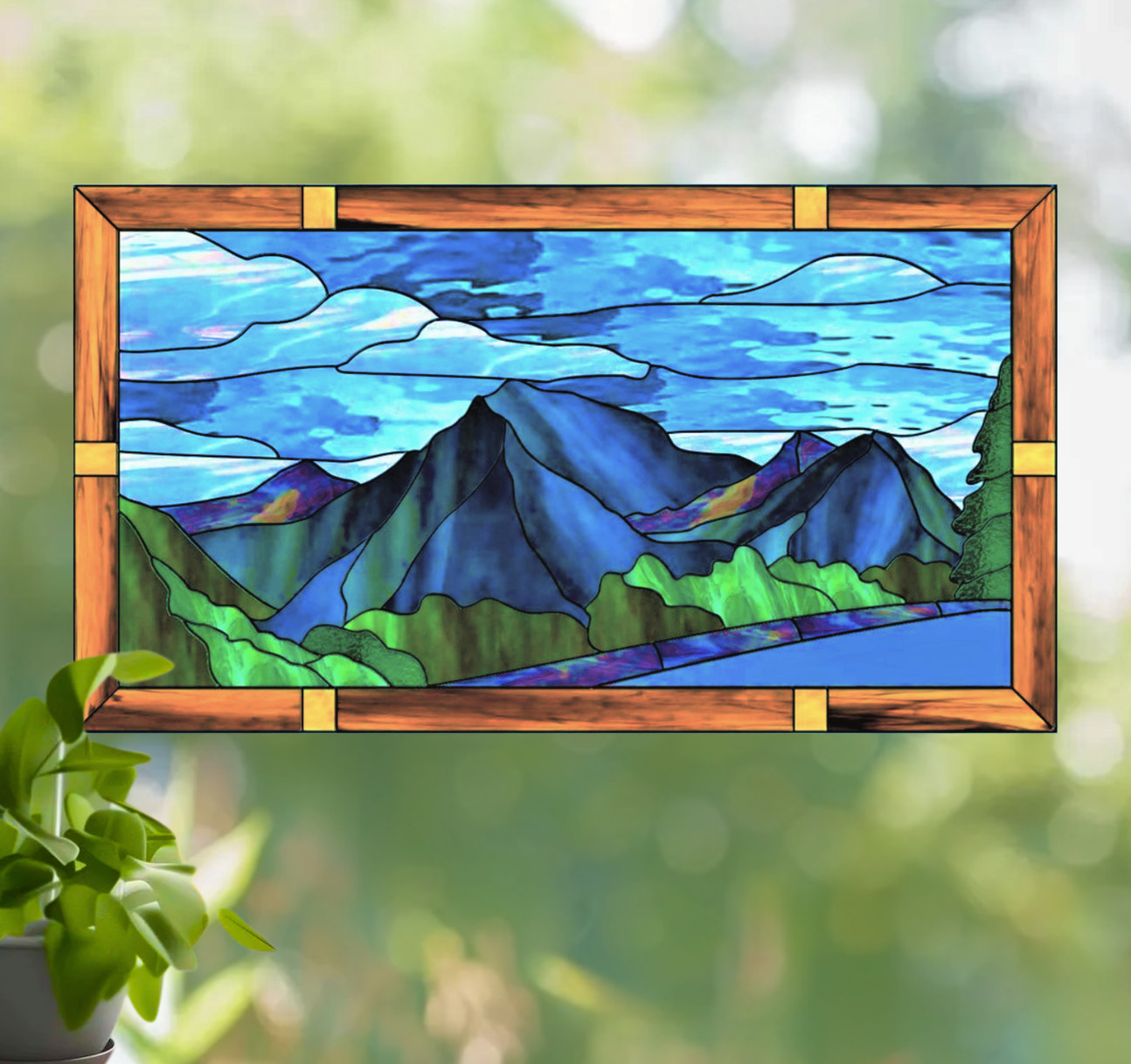 Scenic Mountain Faux Stained-Glass WINDOW CLING Size 10.6" Repositionable Vinyl