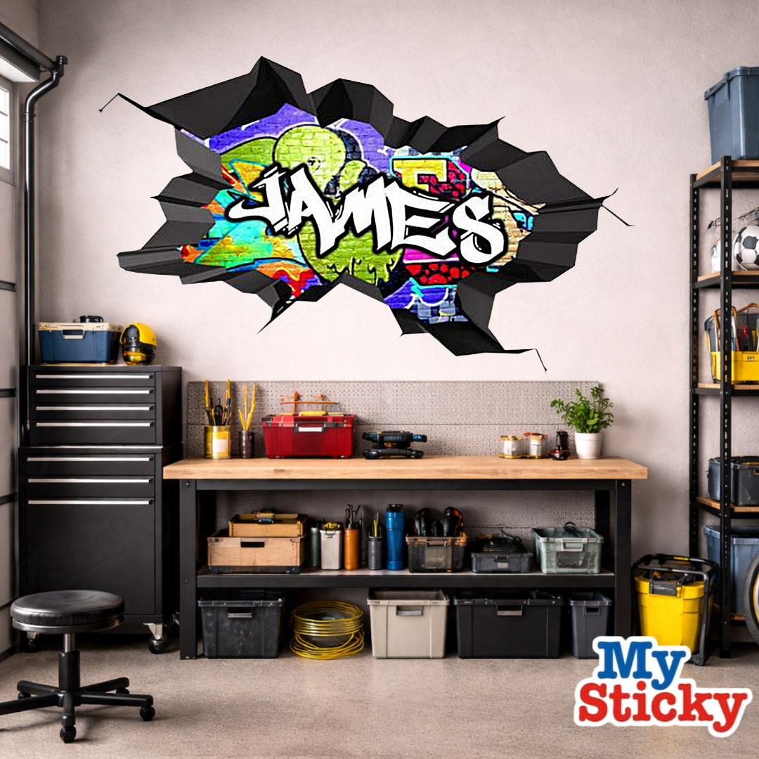 Custom Graffiti Name Wall Decal 3D Breakthrough Gamer Room Street Art Sticker