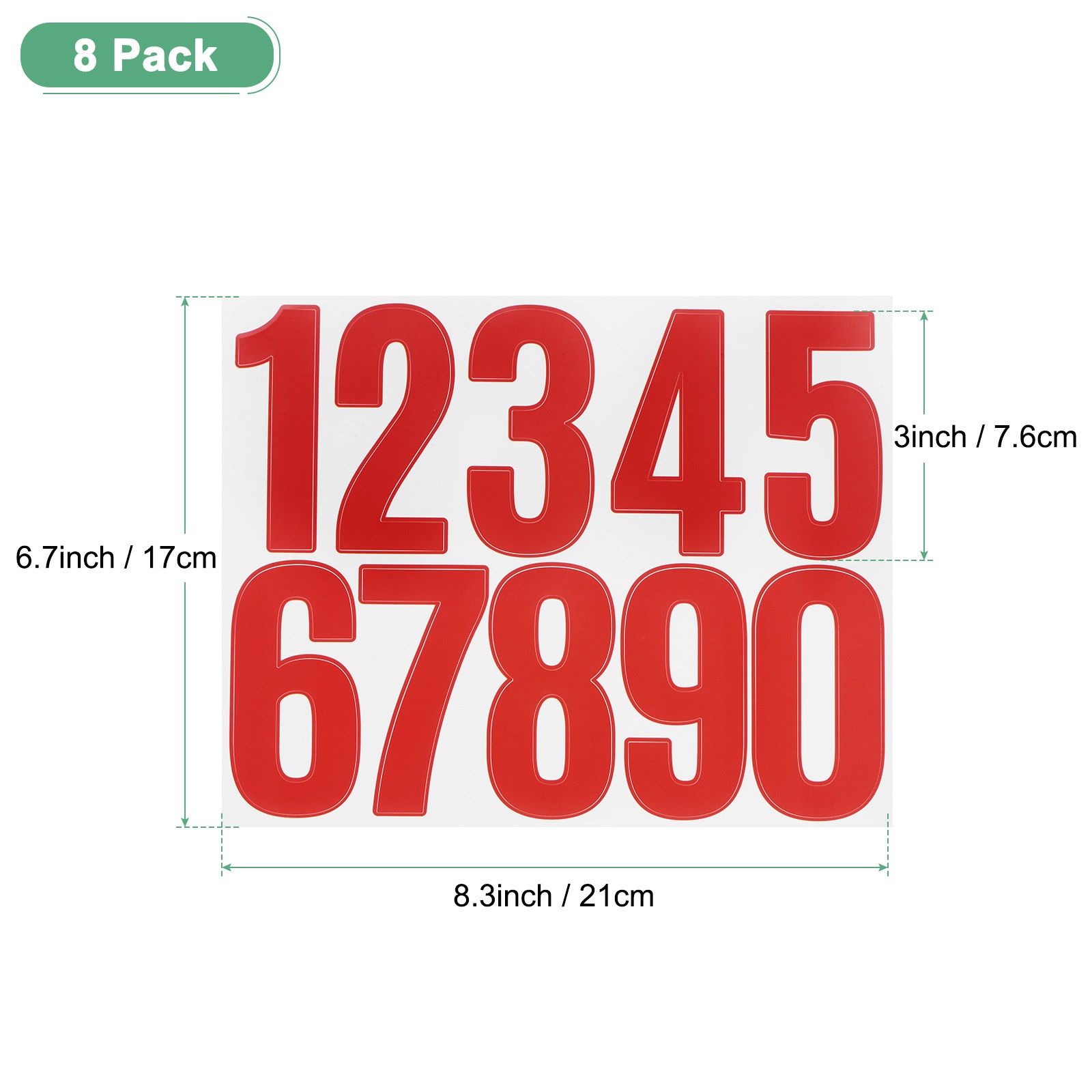 8-Sheets Numbers Stickers, 3" Vinyl 0-9 Number Stickers[80pcs, Red]