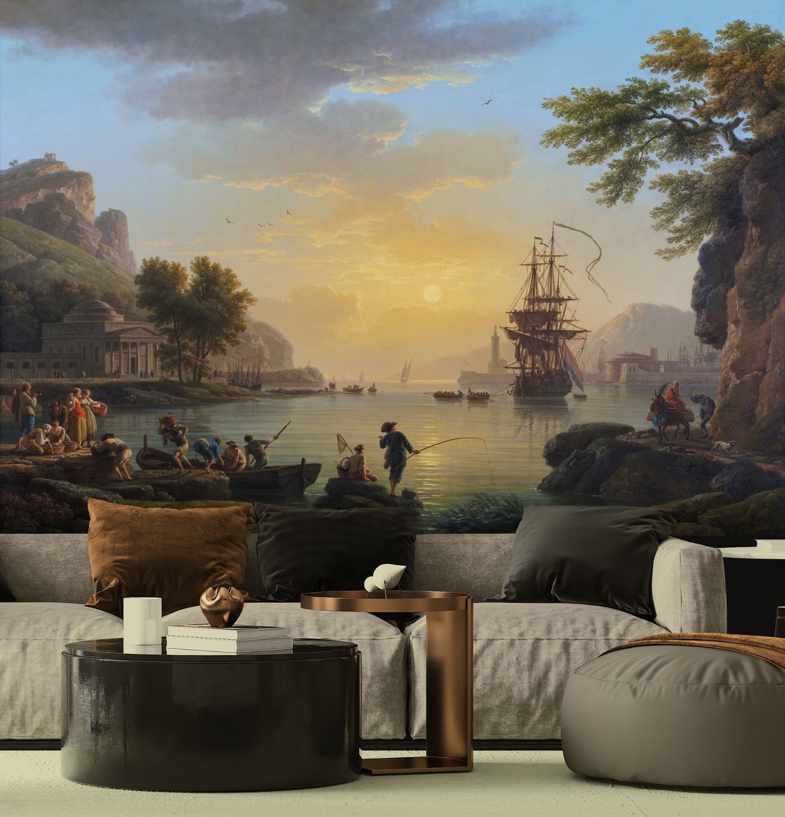 Sunset Coast & Sailboat Wallpaper, Classical Painting. Wall Decal, Tapestry