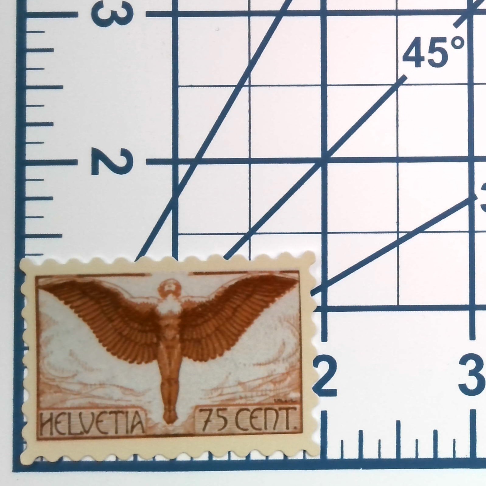 Vintage Switzerland Air Mail Stamp Sticker Helvetia 75 Cent Winged Figure Decal