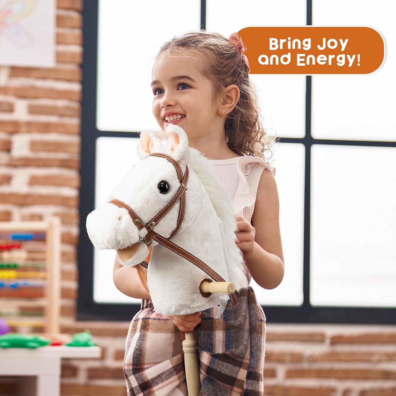 Stick Horse Plush Handcrafted Hobby Horse on a Stick with Wood Wheels Real Pony