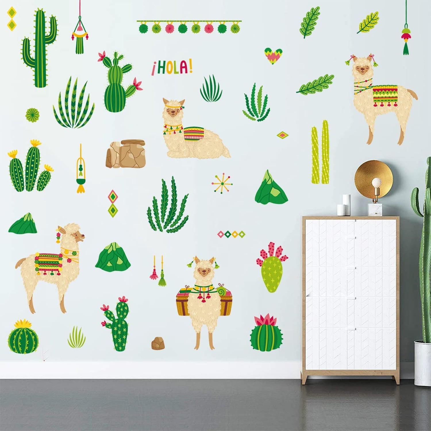 Colorful Alpaca Llama Wall Decal Stickers, DIY Desert Plants Cactus Leaves St…