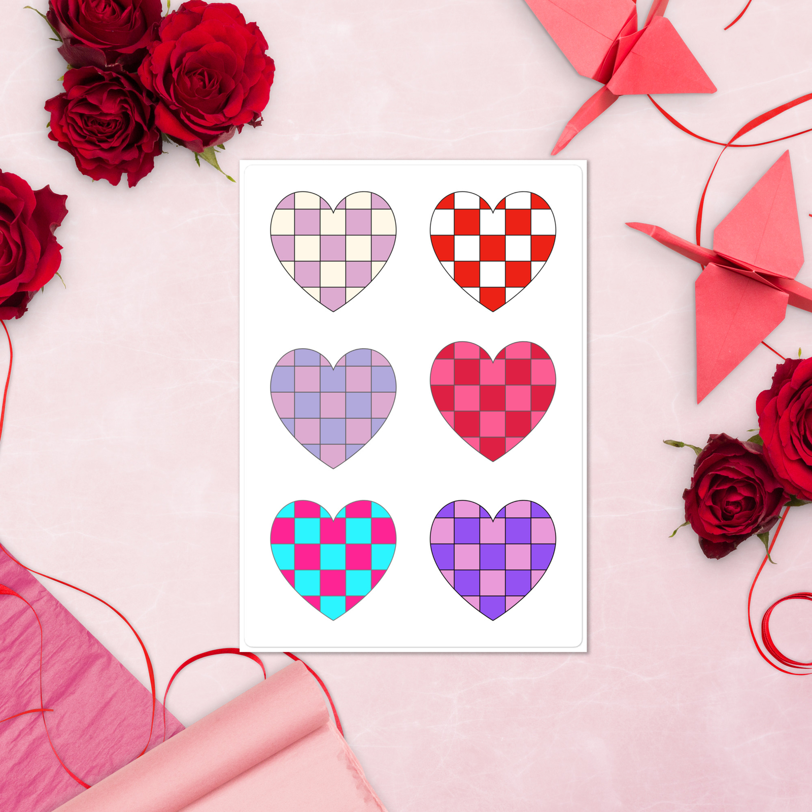 6 Retro Heart Stickers – Hearts Sticker Sheet – Multi-Colored