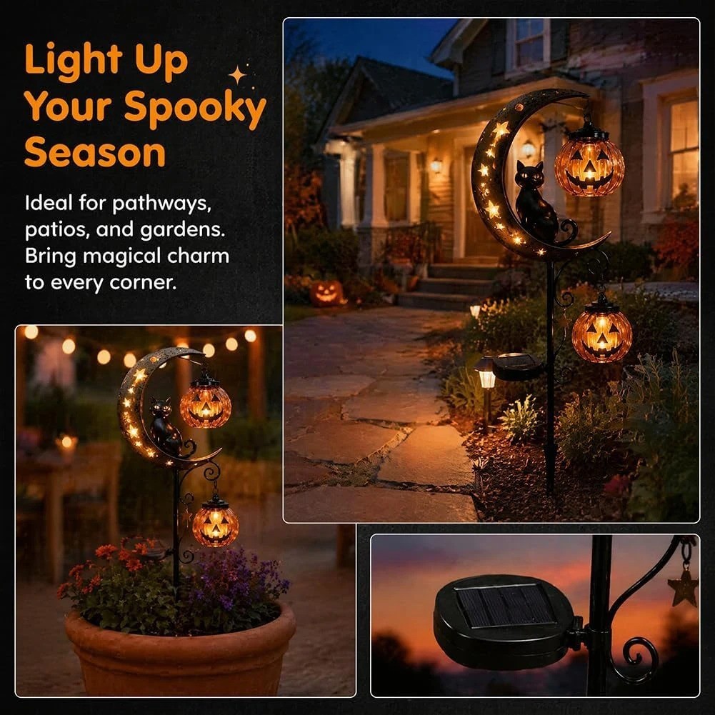 Solar Black Cat & Pumpkin Moon Stake Lights for Halloween Garden Decor