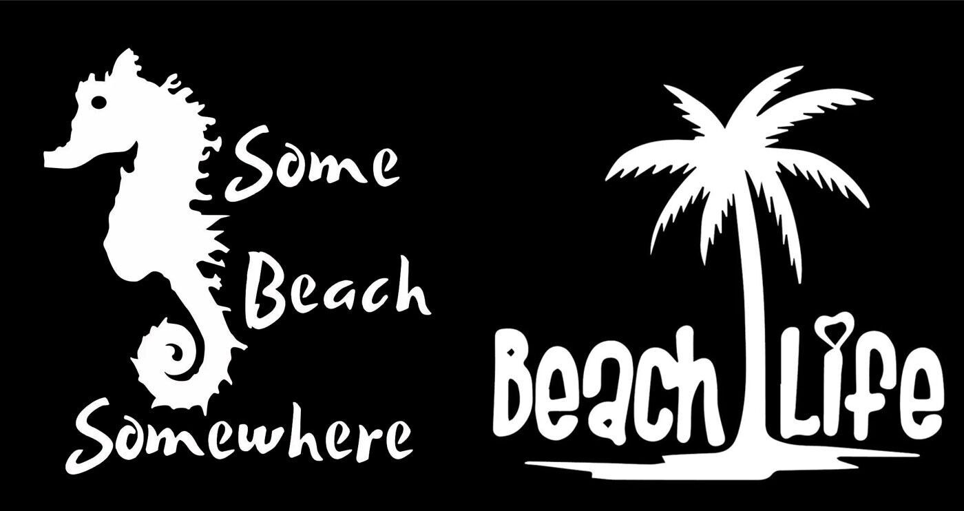 Beach Life & Sea Horse Beach TWO White Vinyl Decals Car Truck Windows Laptop