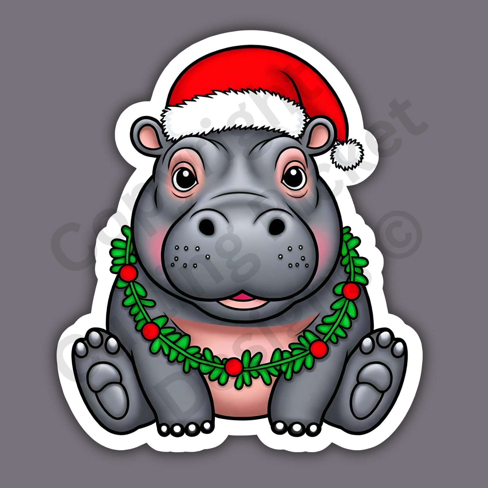 Christmas Hippo Zoo Animal Santa Hat Garland Cute Funny 3" Vinyl Sticker