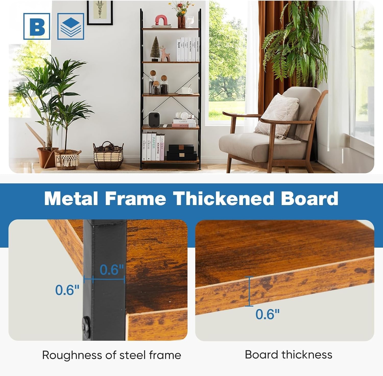 5 Tier Bookshelf – Rustic Brown Storage Organizer Display