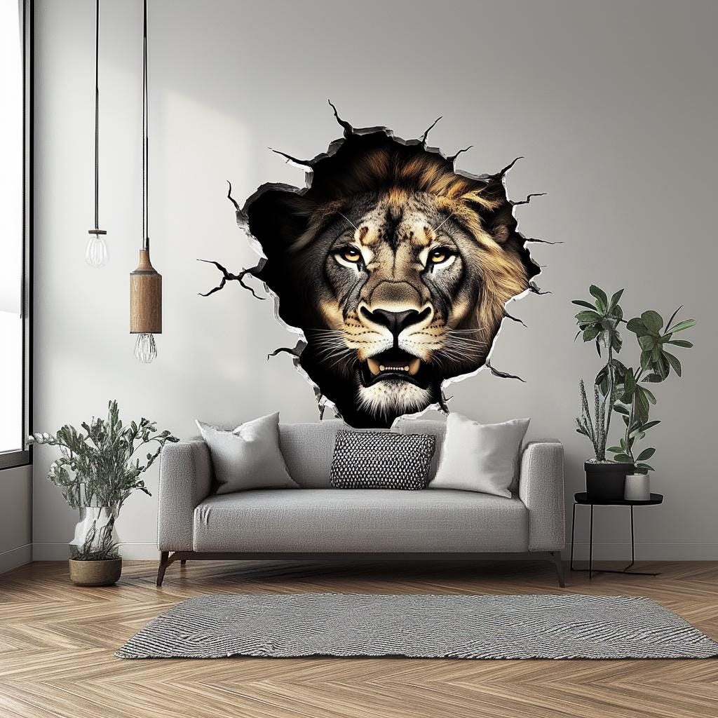 Lion Wall Decal | 3D Breakthrough Lion Head Sticker