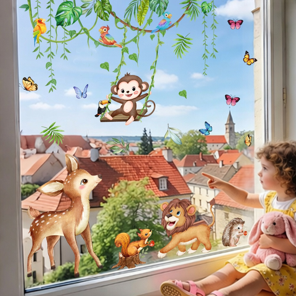 Static Window Sticker Tropical Rainforest Animals for Smooth Indoor Surfaces