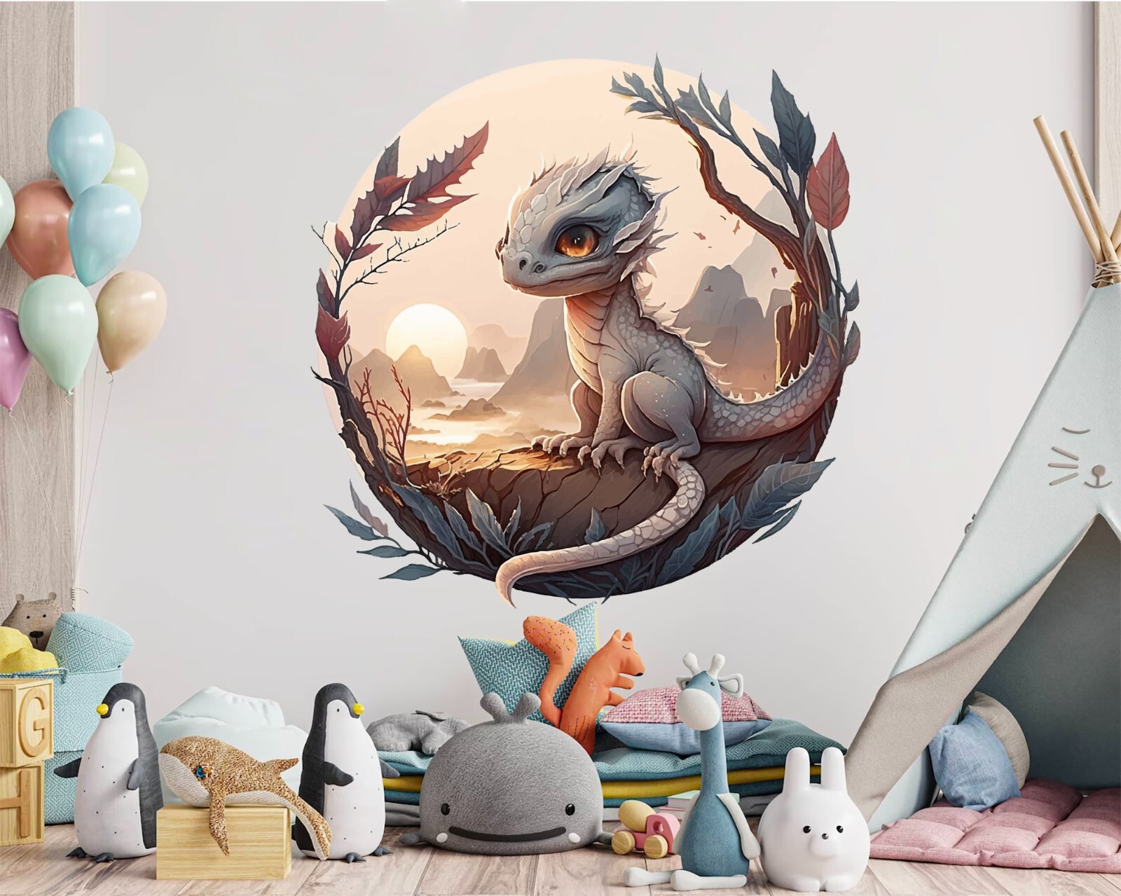 Baby Dragon Moon Night Sky Fairytale Decal Dinosaur nursery wall decal sticker