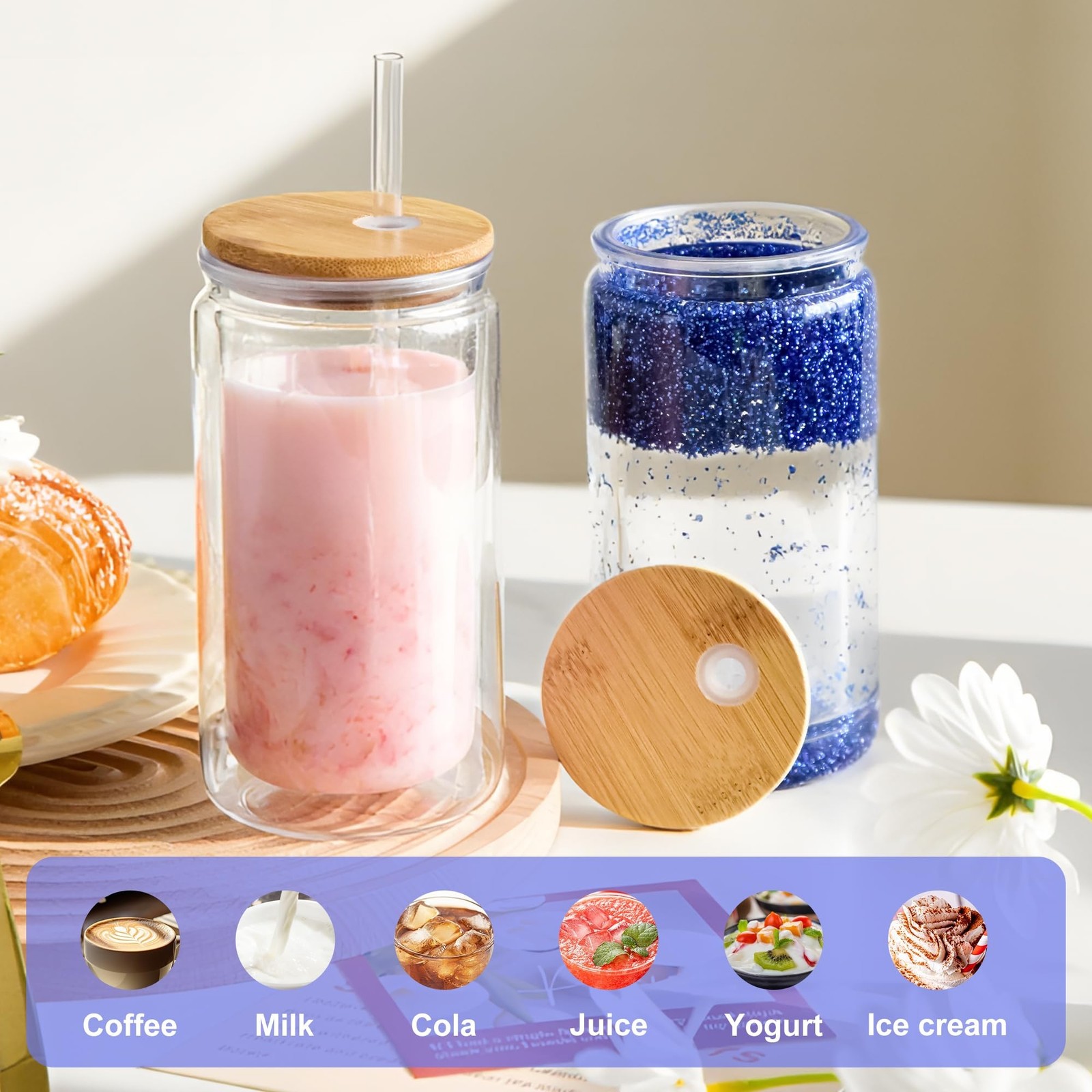 8 Pack Acrylic Snow Globe Tumbler with Bamboo Lids and Straws 16 oz Plastic S…