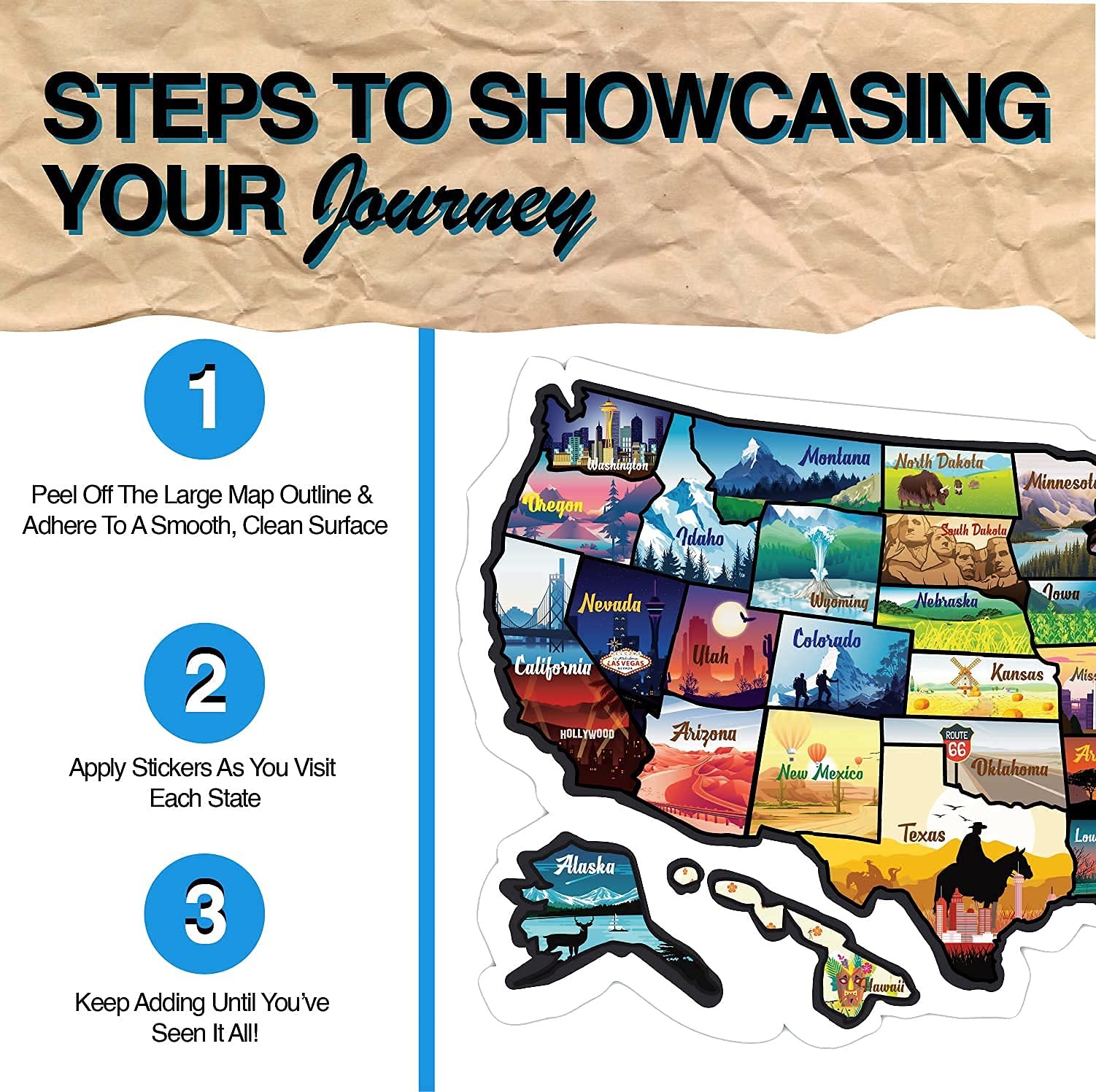 RV State Sticker Travel Map – 17 X 11 Inch Large USA Decal with 50 Waterproof US