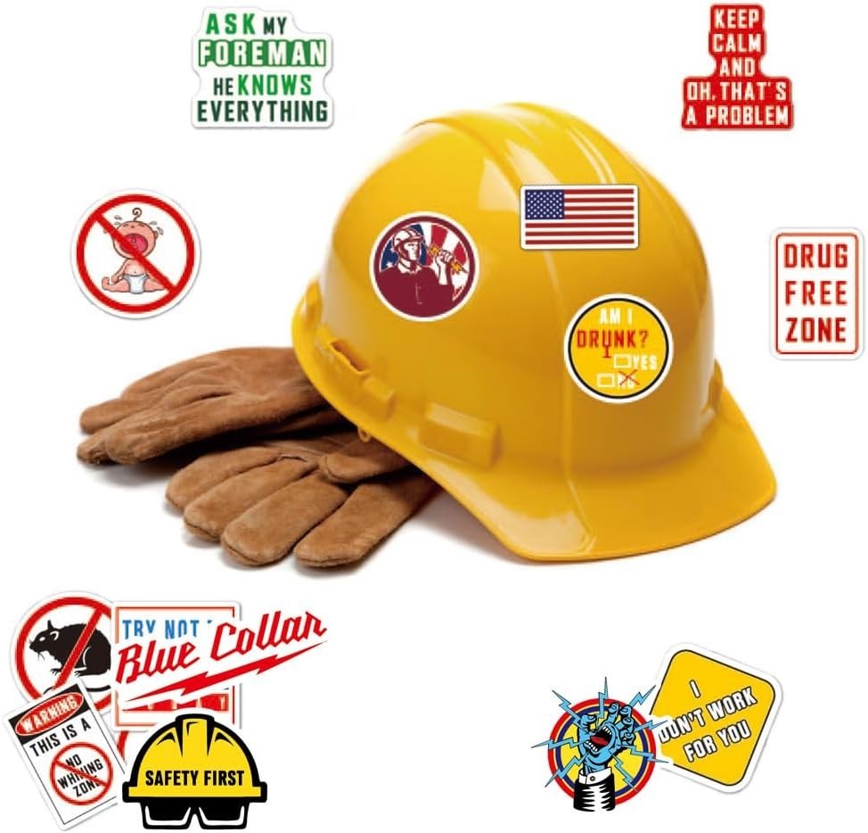 Blue Collar Funny Stickers – 100 Waterproof Hard Hat Creative Pack for Adults