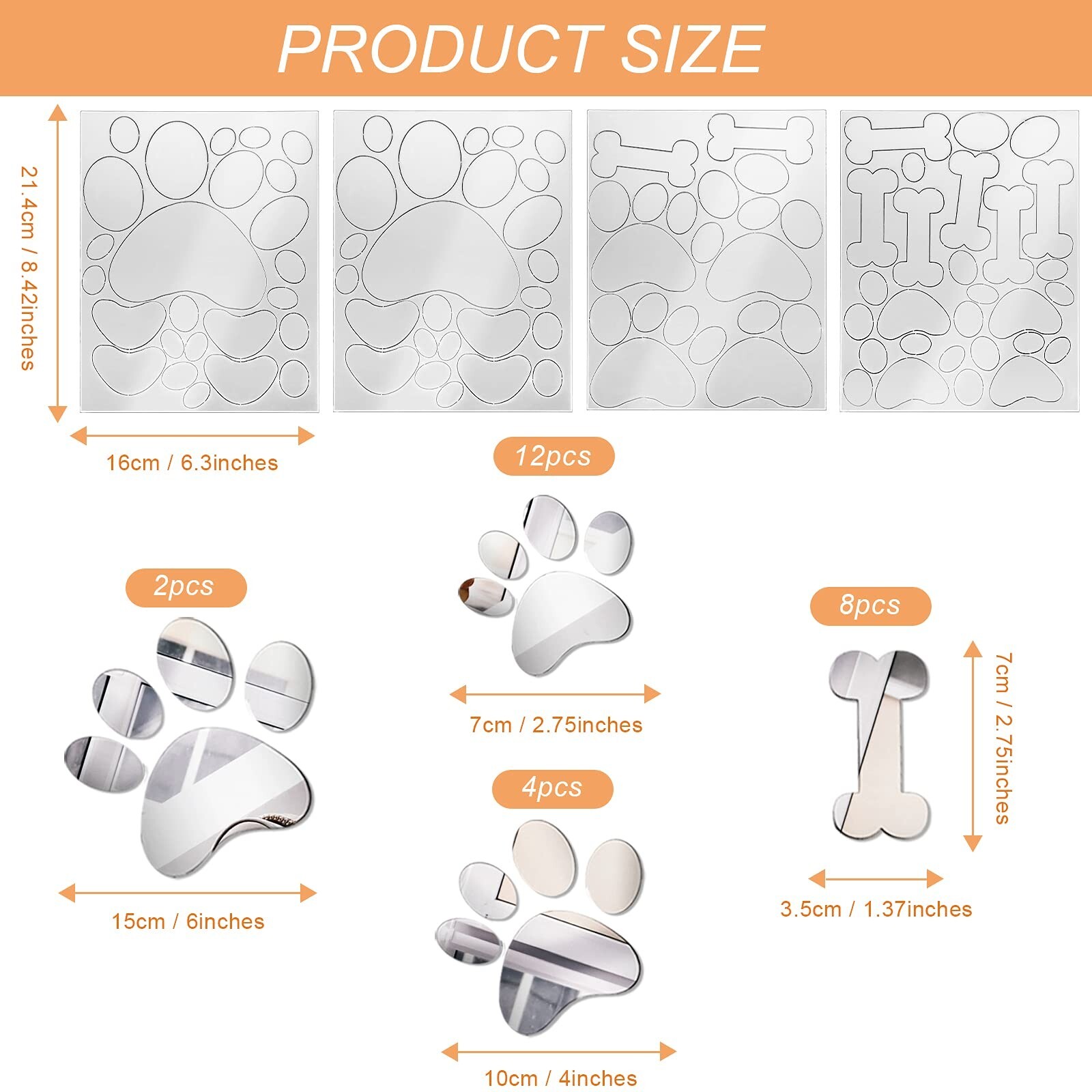 26 Pcs Dog Decor Mirror Stickers Dog Paw Bones Prints Acrylic Mirror Wall Sti…