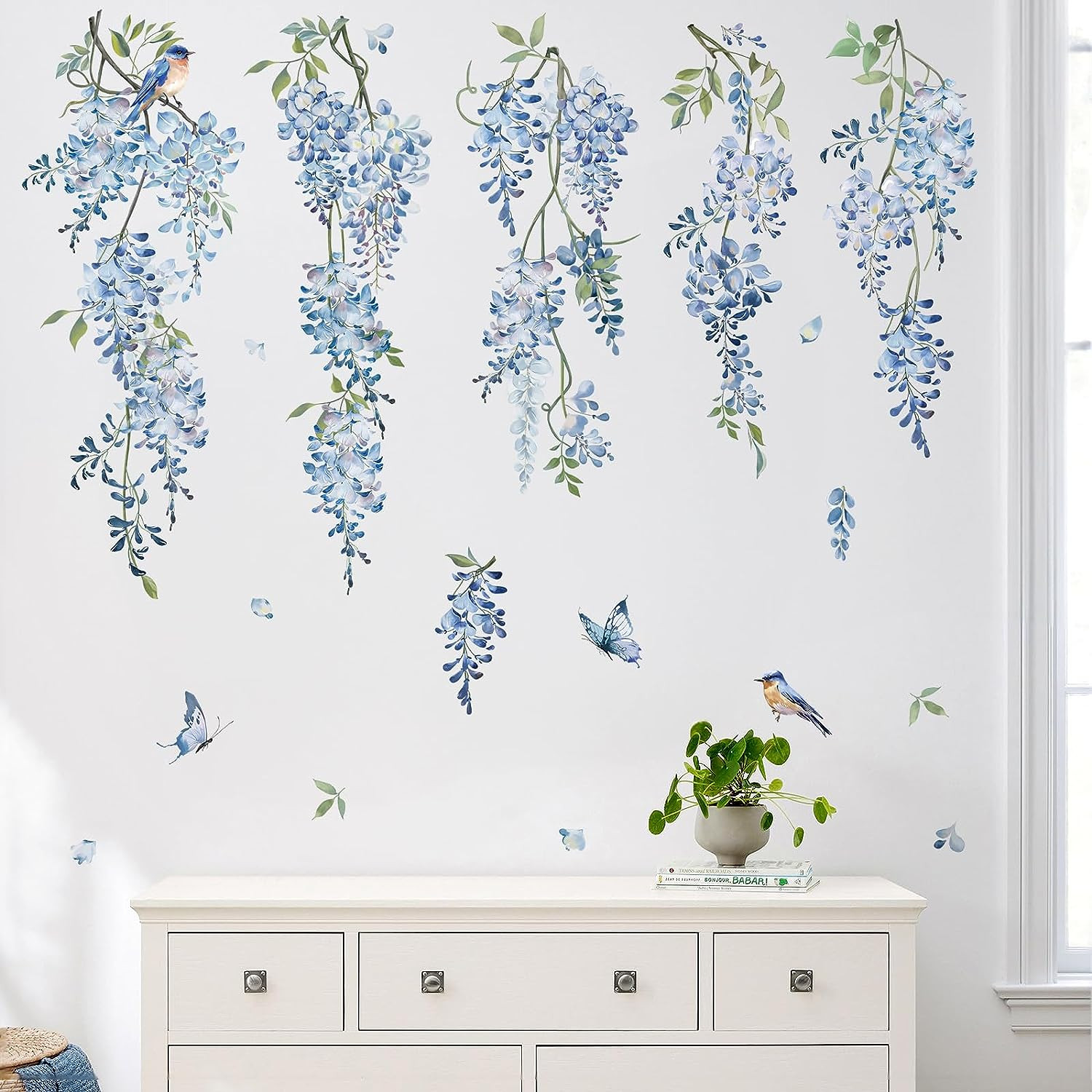 Hanging Flower Vine Wall Decal Blue Wisteria Floral Vines Wall Stickers Livin…