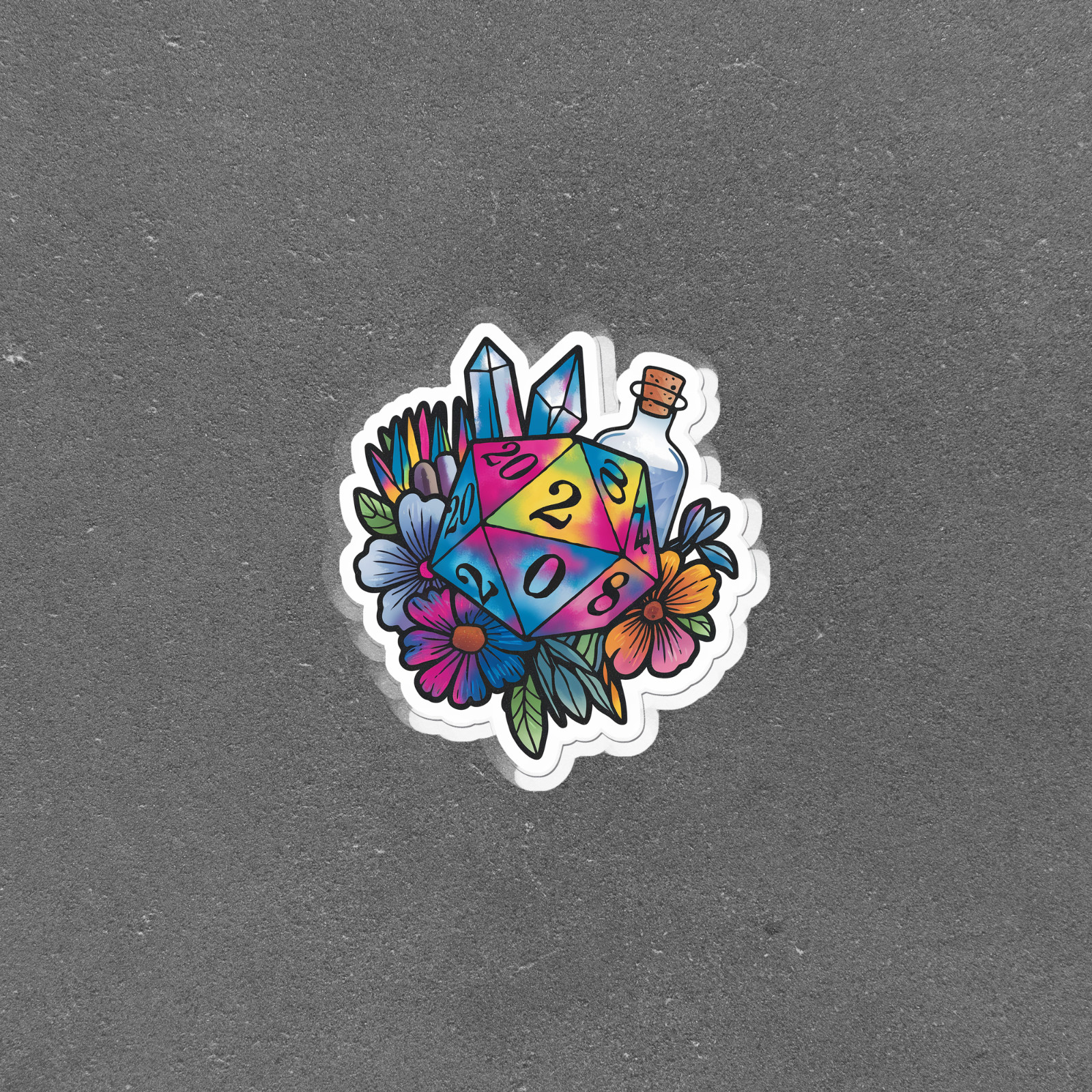 Vibrant D20 Dice Flowers Sticker | DnD Tabletop RPG Decal #6095