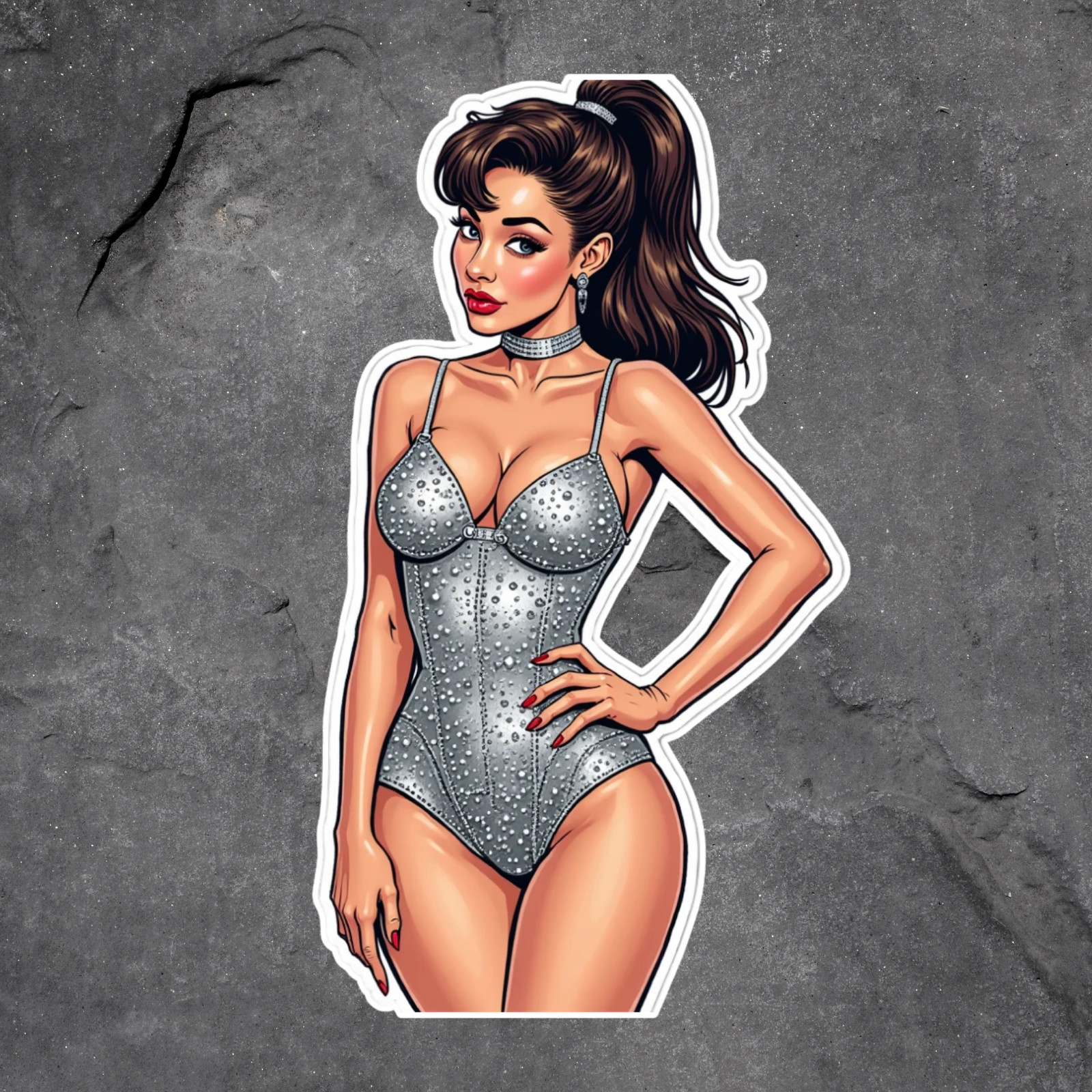 Pinup Girl Sticker Vinyl Decal Retro Glam Sexy Woman Silver Outfit 5"