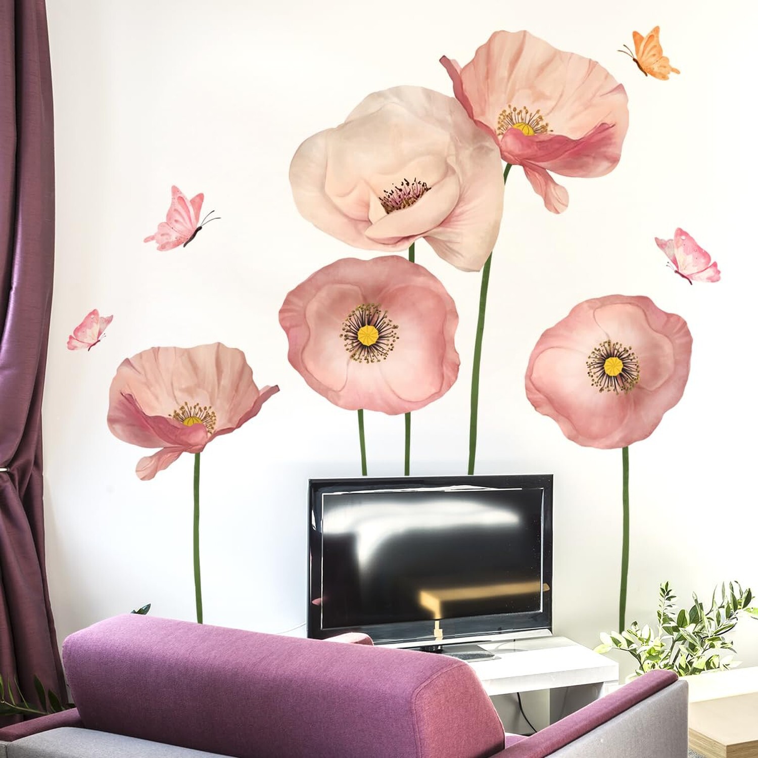 2 Sheets Giant Pink Flower Wall Stickers 5 Poppy Flowers Wall Decals DIY Peel…