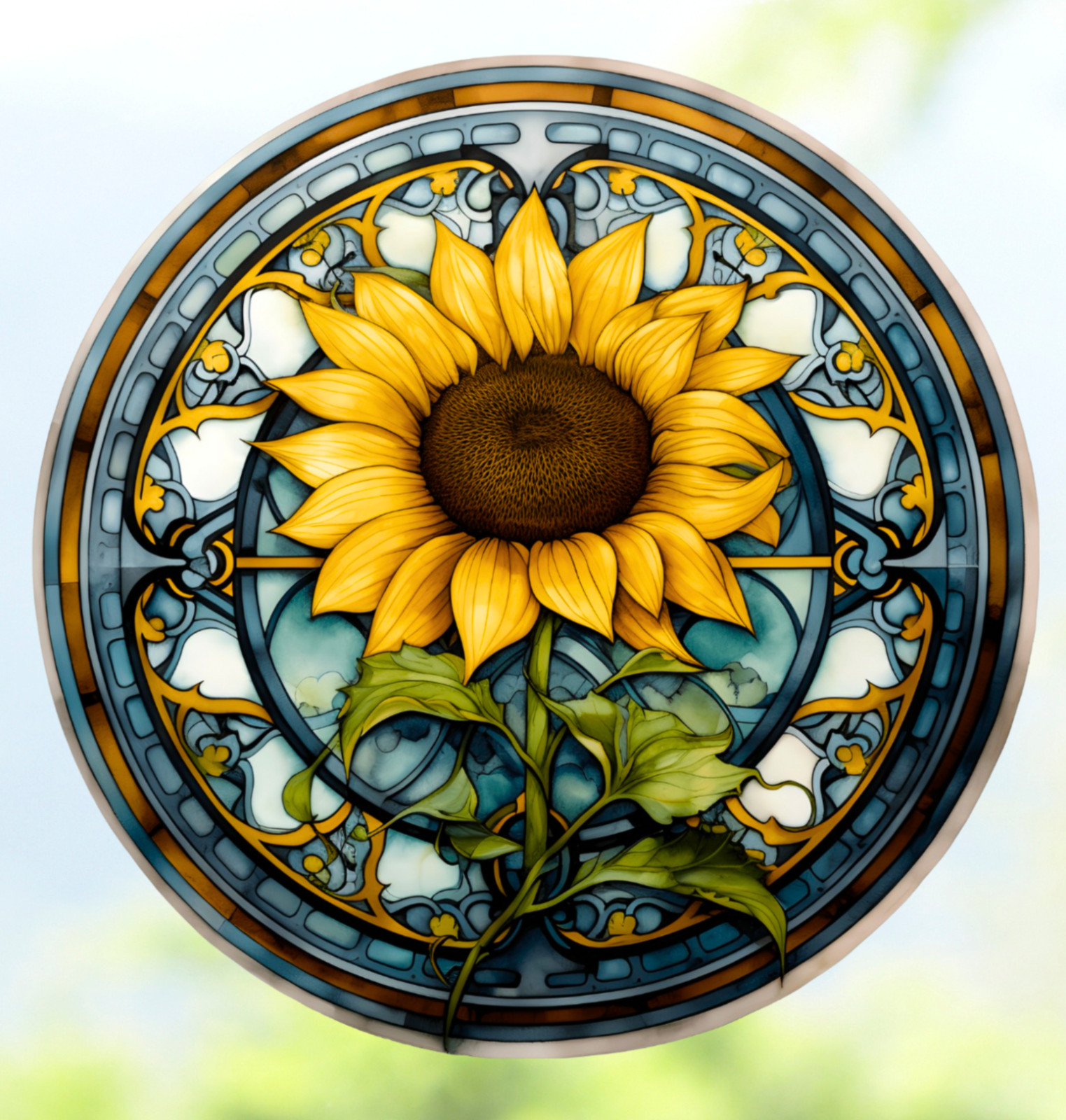 Sunflower Faux Stained-Glass WINDOW CLING Sun-catcher Size 8" Round Vinyl
