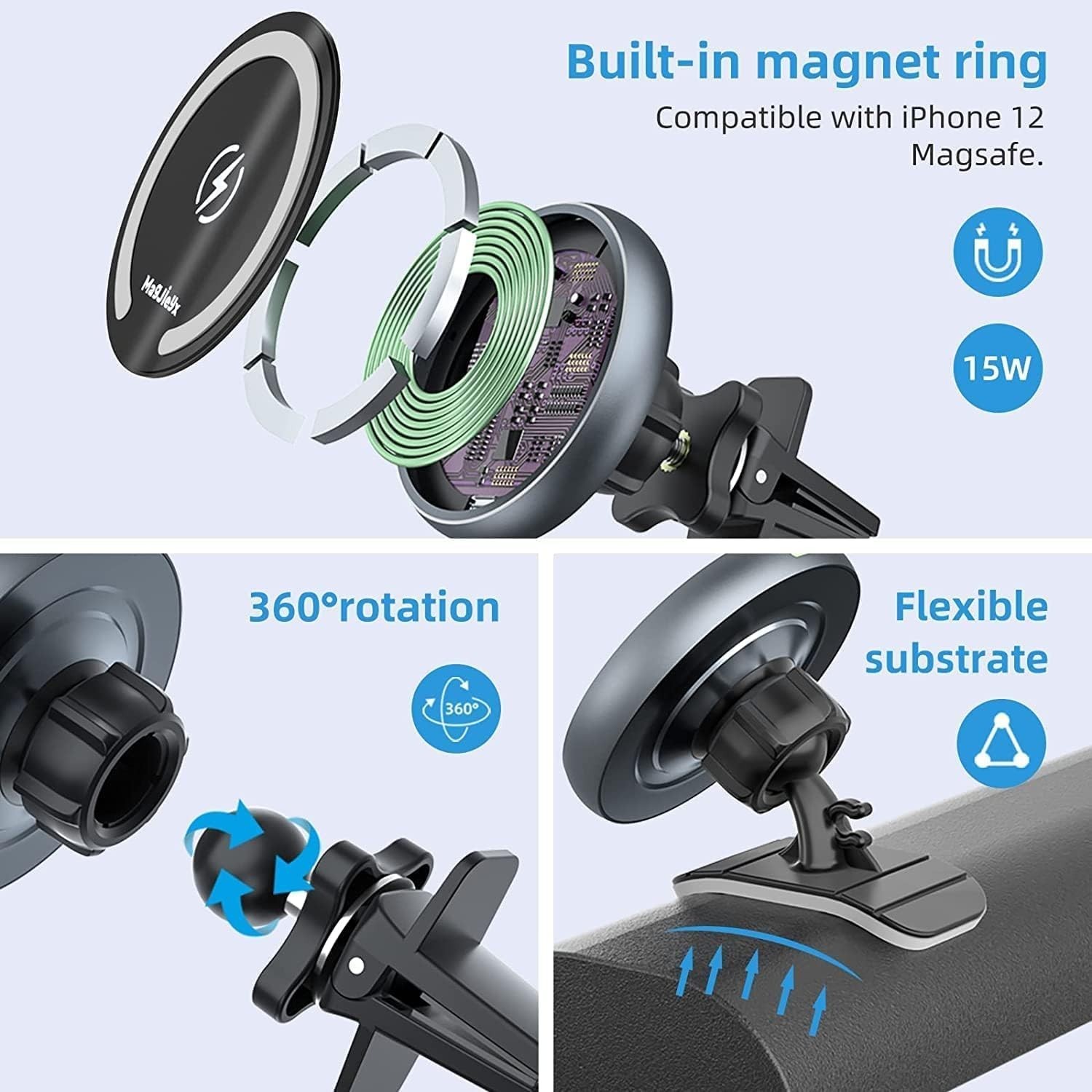 for Magsafe Car Mount Wireless Charger Magnetic Fast Charging Gray
