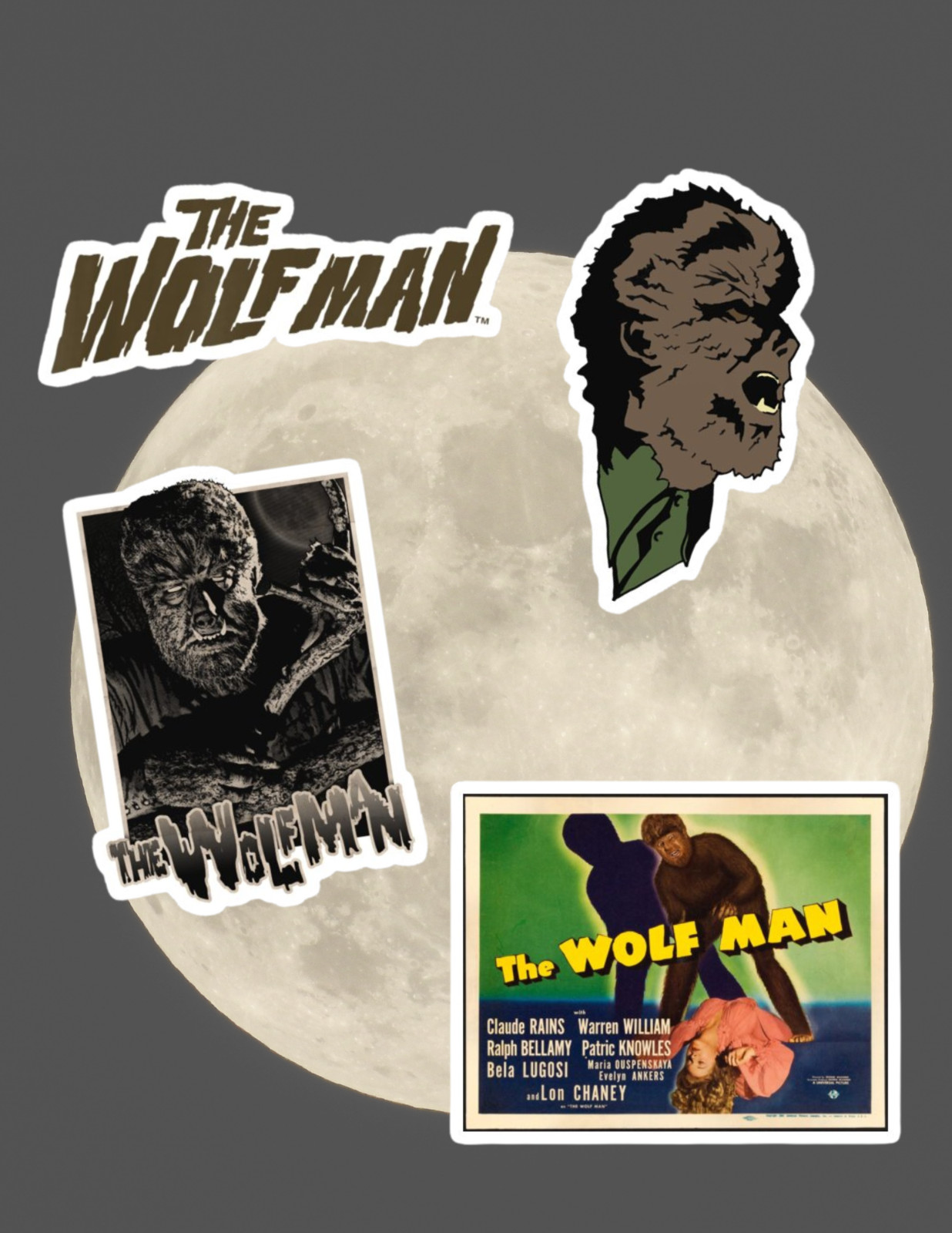 The Wolf Man Retro Monster Horror Movie 4pc Sticker Pack