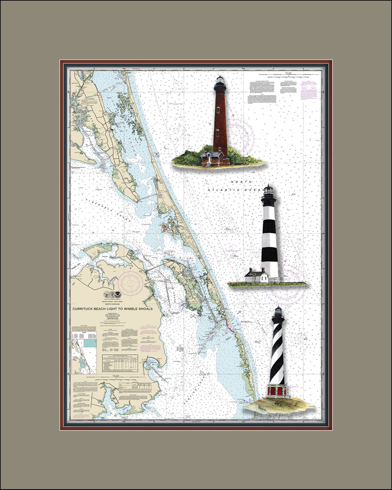 NC OBX Lighthouses and Nautical Chart High Quality Canvas Print