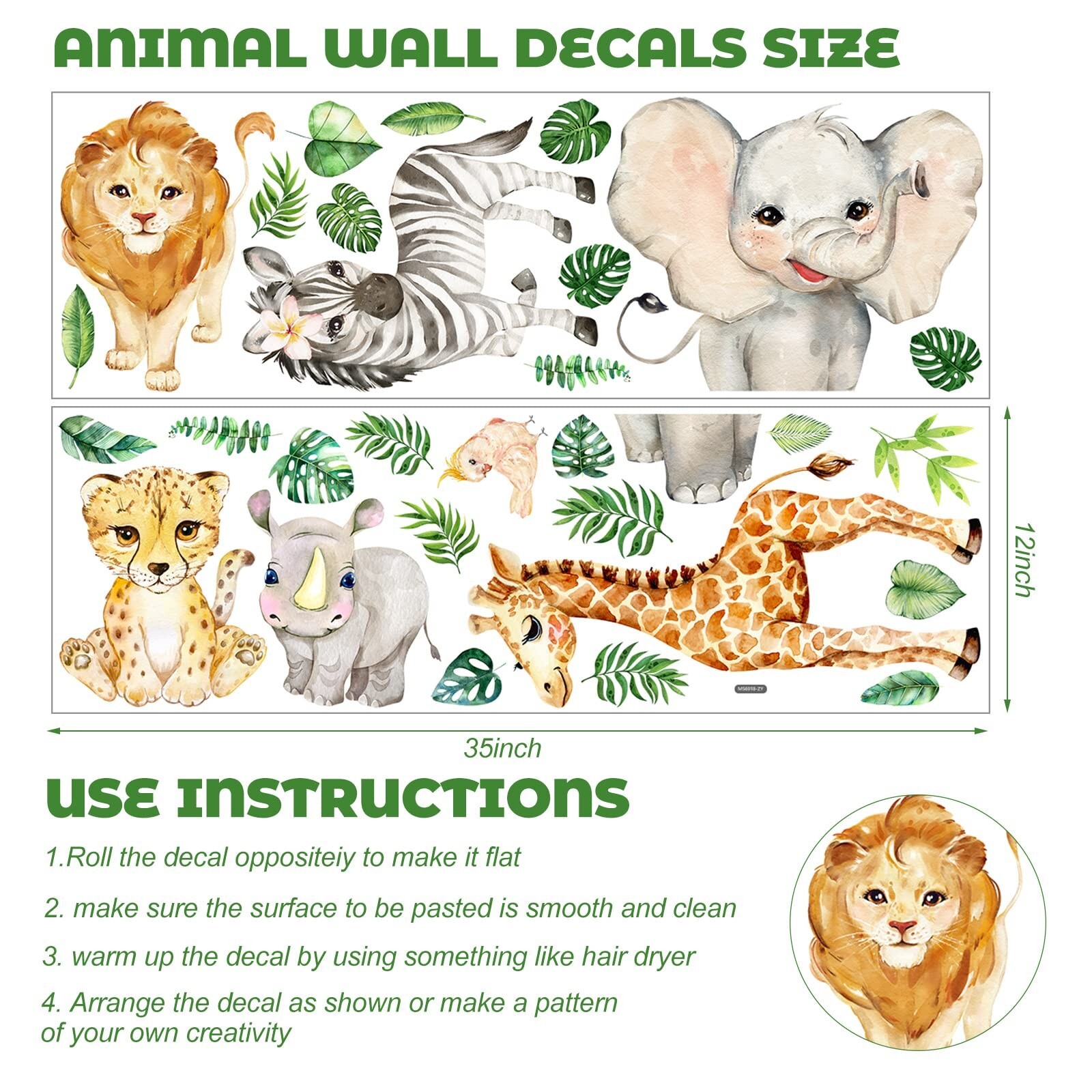 Colarr 2 Sheets Jungle Animals Sun Wall Decals Watercolor Safari Wall Sticker…