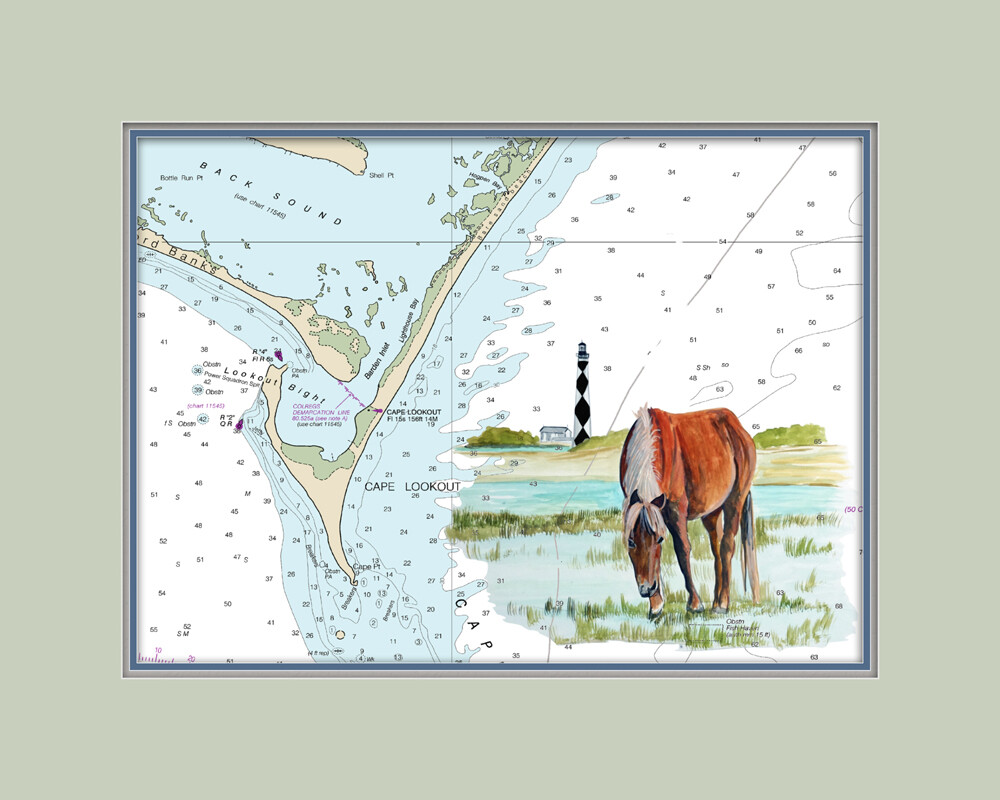 Cape Lookout, NC Lighthouse Horese and Nautical Chart High Quality Canvas Print