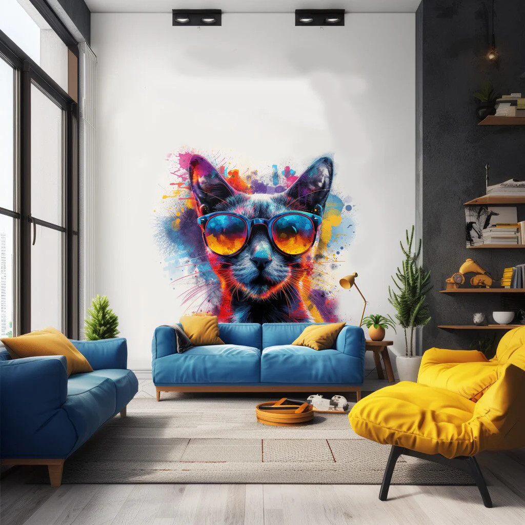 Cat with Sunglasses Wall Decal – Dynamic Watercolor Kitten Art Sticker for