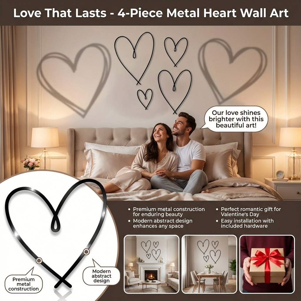 Heart Shaped Metal Wall Art Set for Living Room and Bedroom Wall Hanging 4-Piece