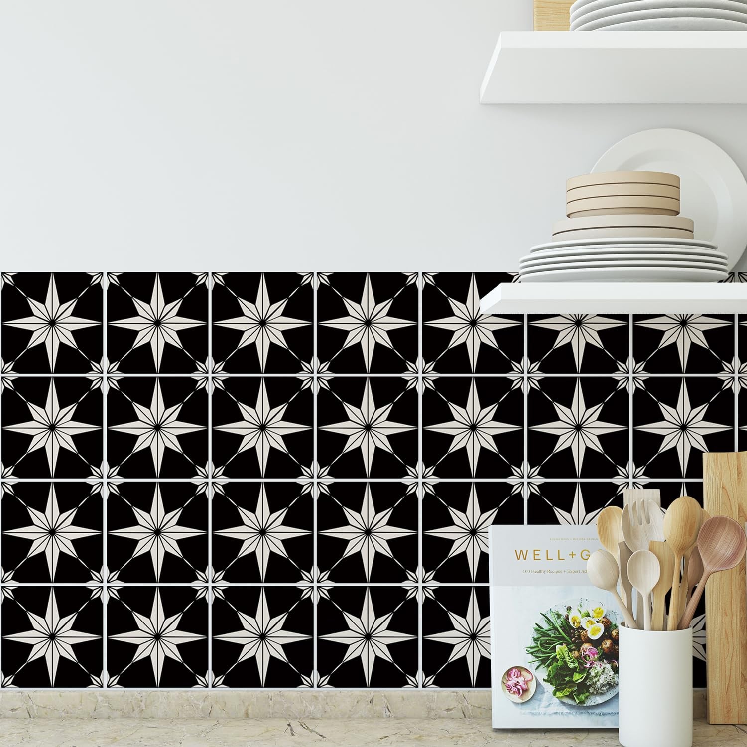 16 Pack, 5.9×5.9 Inch Star Compass Peel & Stick Tile Stickers Black-White Wat…