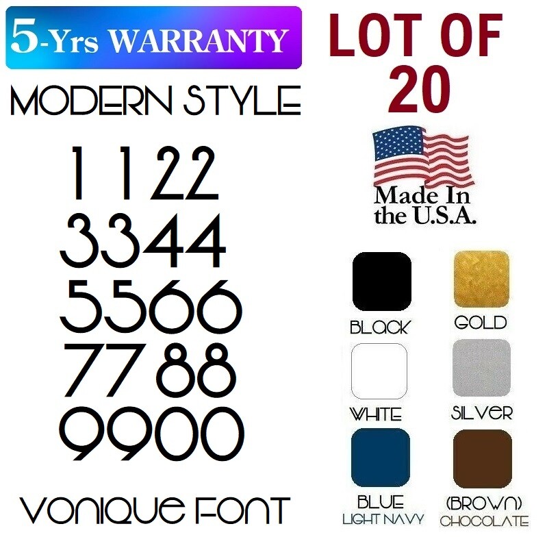 LOT of 20- Vonique Font, Modern Mailbox Numbers , Cars, doors -Black Gold White