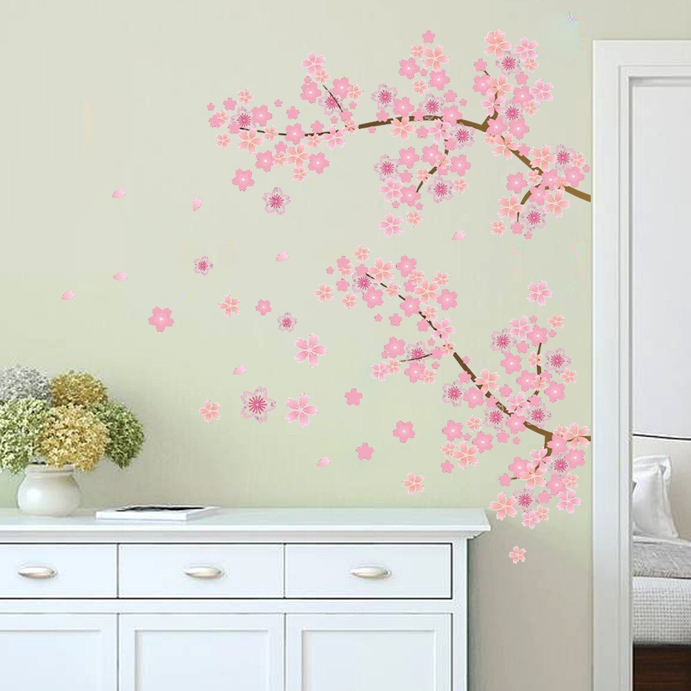 Pink Cherry Blossom Wall Stickers:DIY floral decals for a stunning sofa backdrop