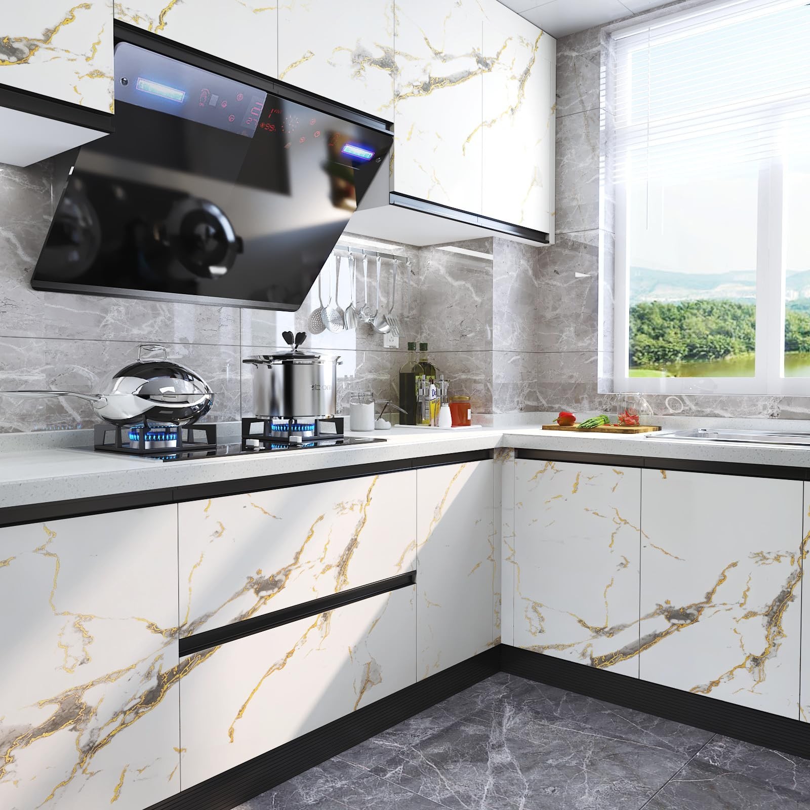 LaCheery 15.8inx46ft Matte White Gray Gold Marble Contact Paper Peel and Stic…