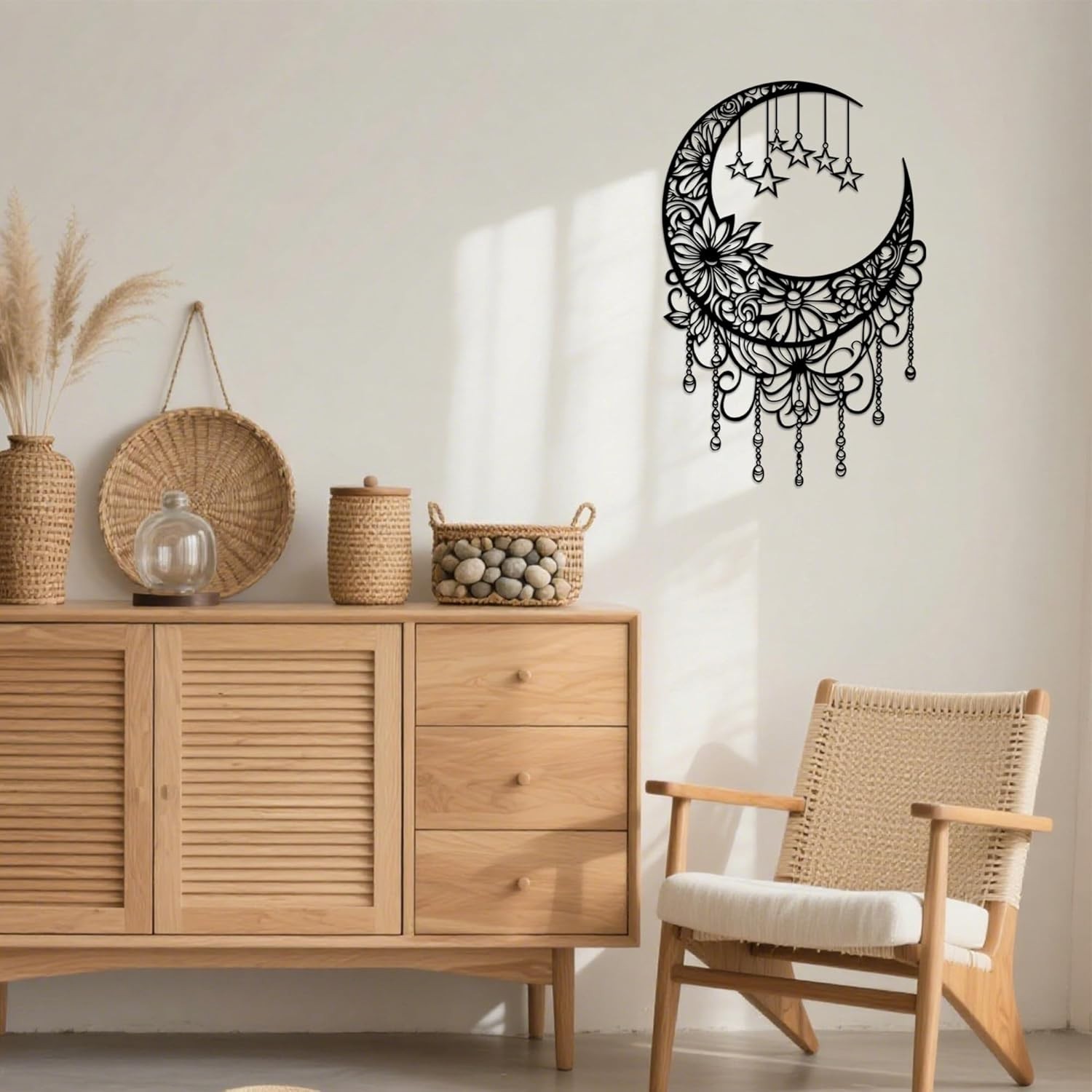 Black Metal Moon Wall Decor Boho Moon Phase Wall Art with Hanging Stars Flora…