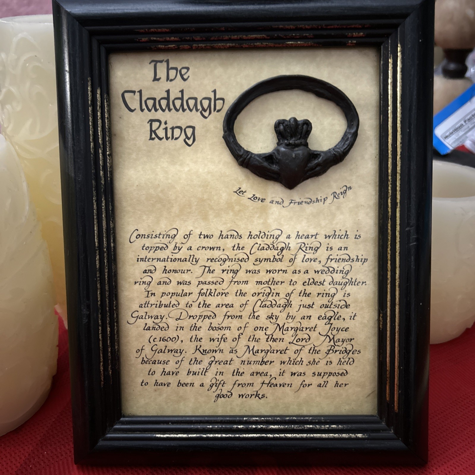 Irish Claddagh Ring Wall Hanging or standing Framed, History of Ring