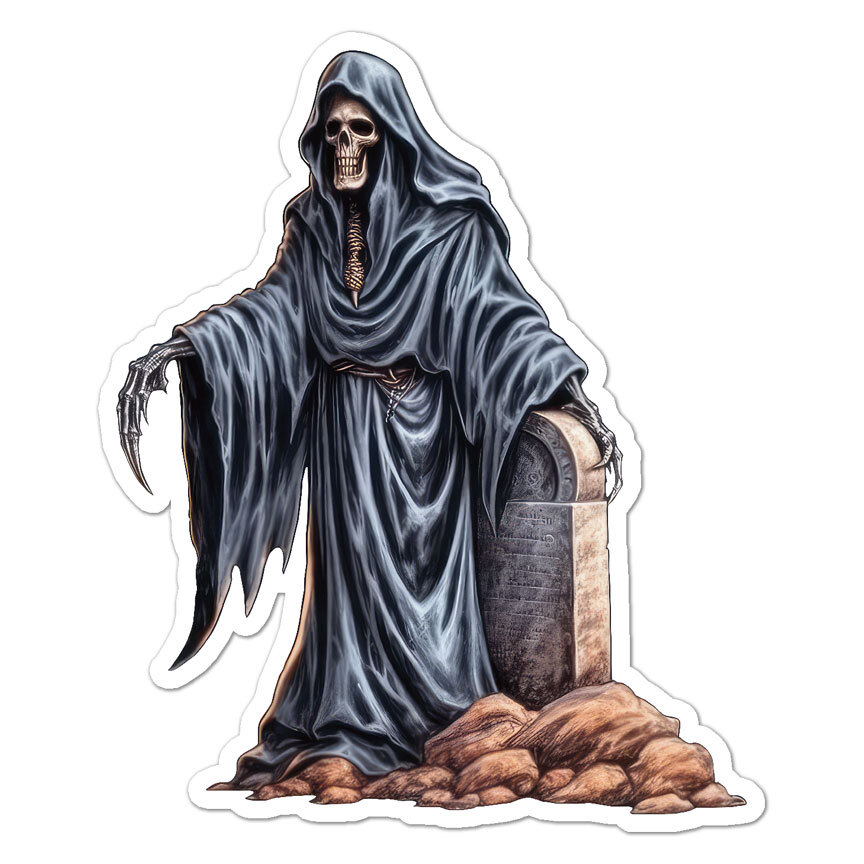 Grim Reaper Tombstone, Vinyl Decal Sticker, Indoor Outdoor, 3 Sizes, #9474