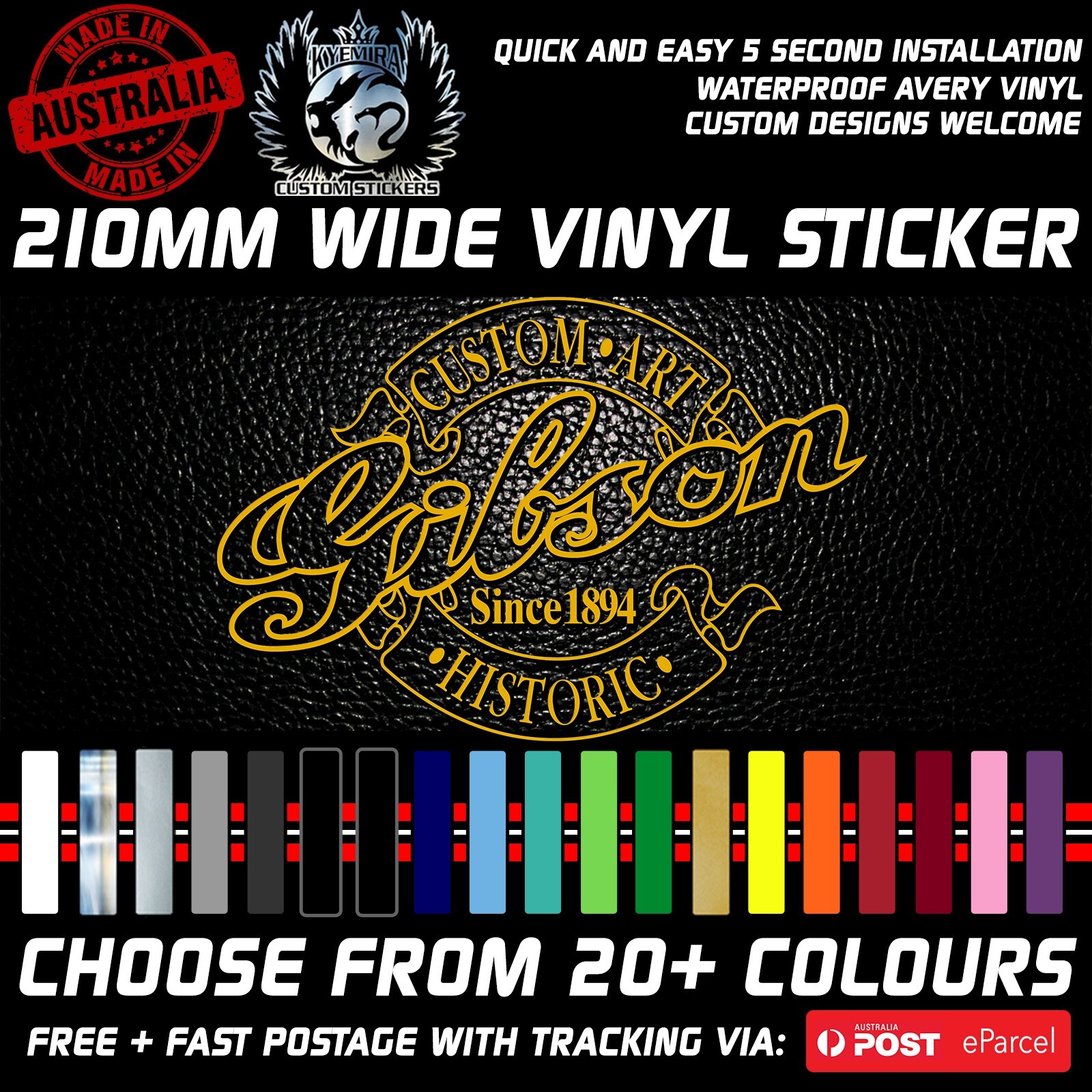 Gibson Custom Art Historic logo Guitar Vinyl Sticker Decal 210mm Wide