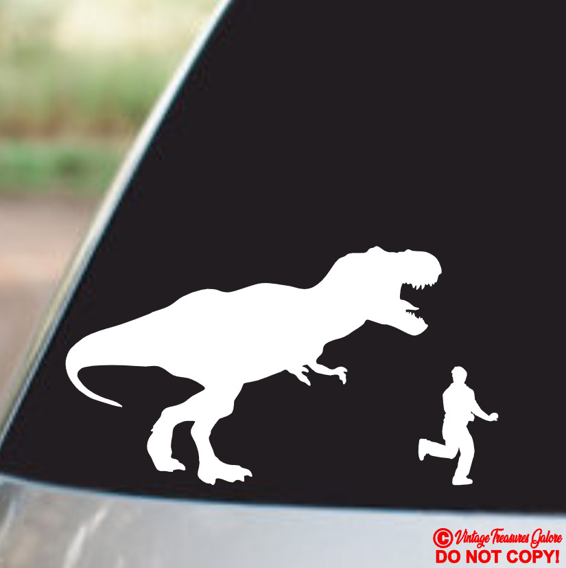 GUY RUNNING FROM A DINOSAUR Vinyl Decal Sticker Car Window Bumper TYRANNOSAURUS