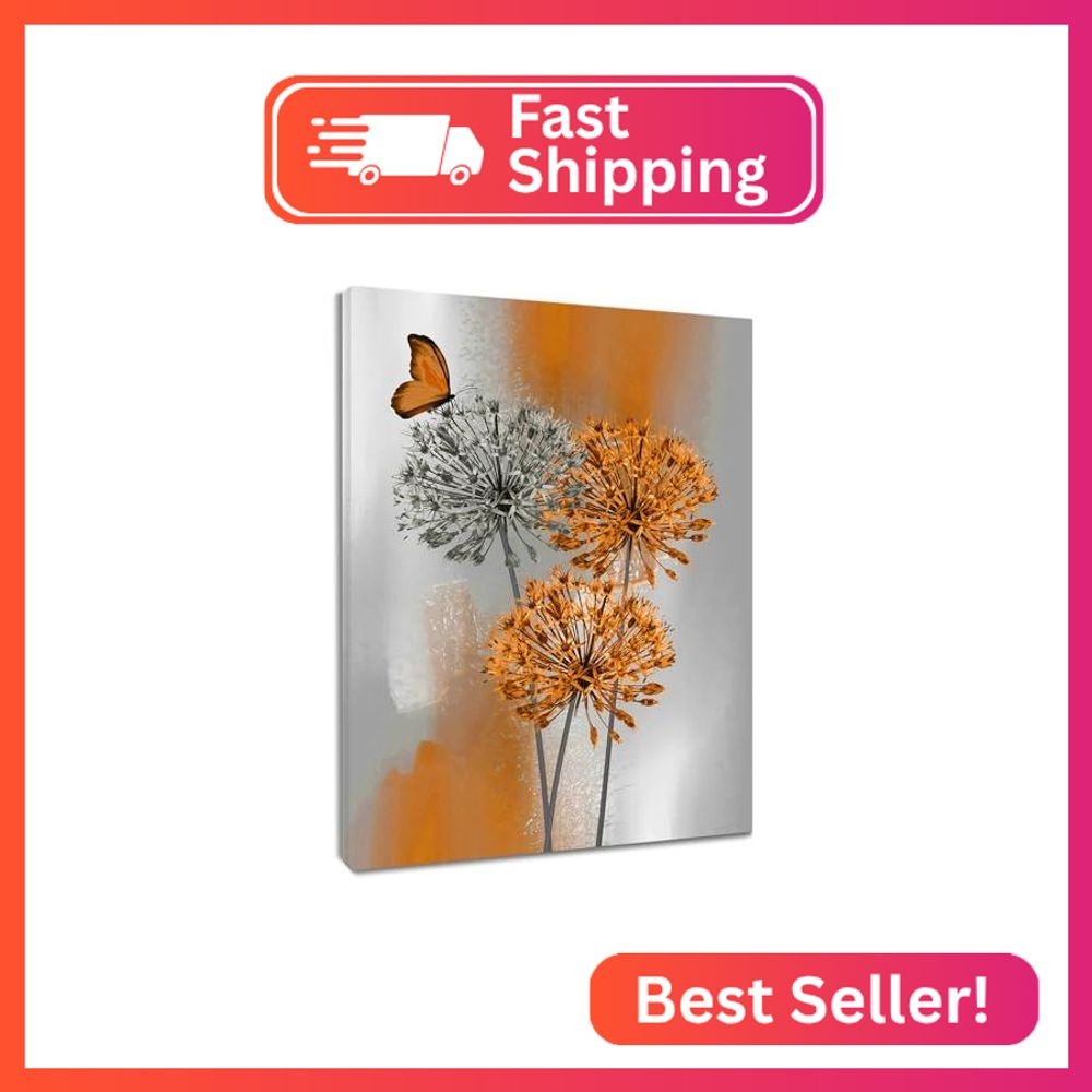 LB Orange Dandelion Wall Art Grey Floral with Butterfly on Vintage Background Ca
