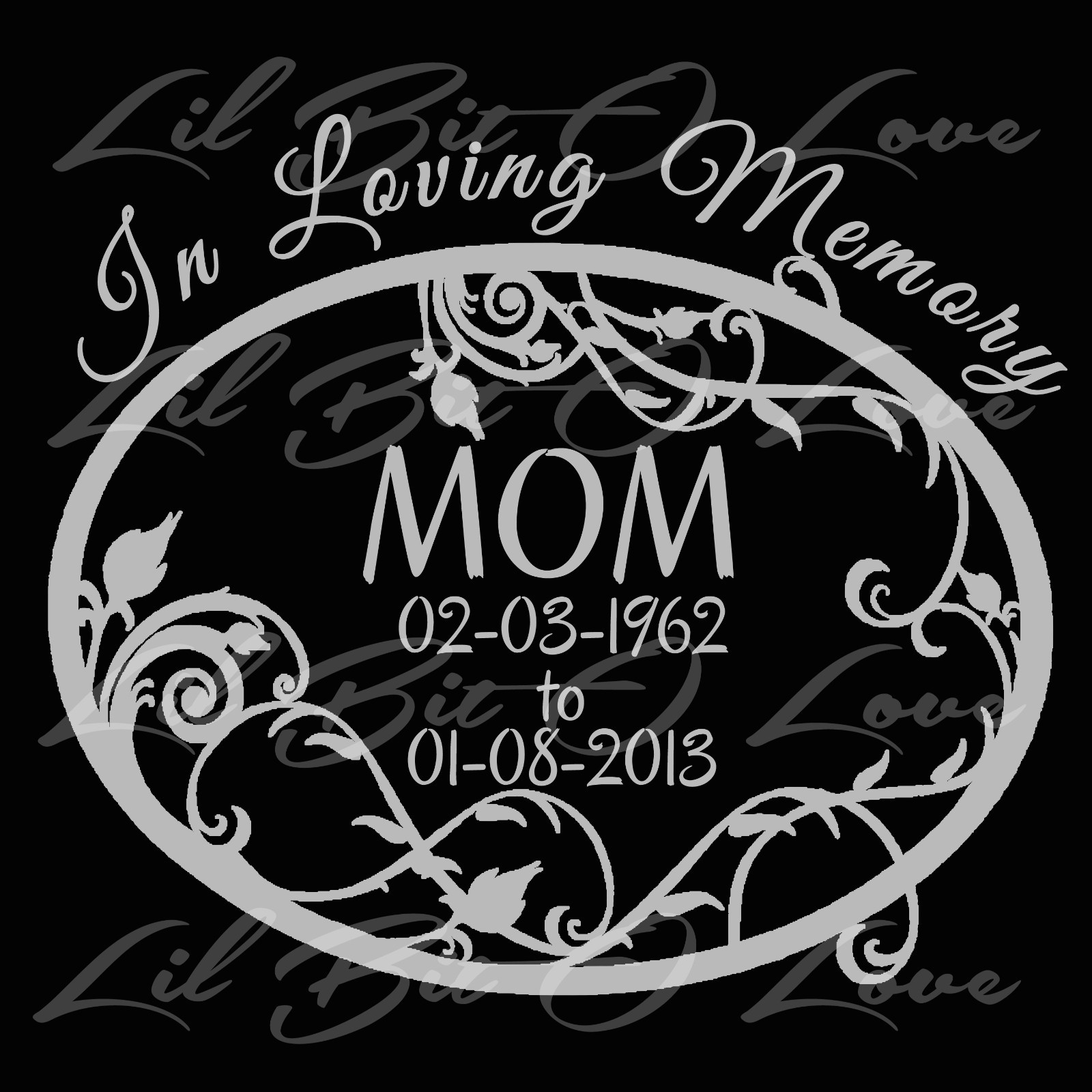 PERSONALIZED IN LOVING MEMORY VINYL DECAL WITH FILIGREE OVAL & NAMES AND DATES