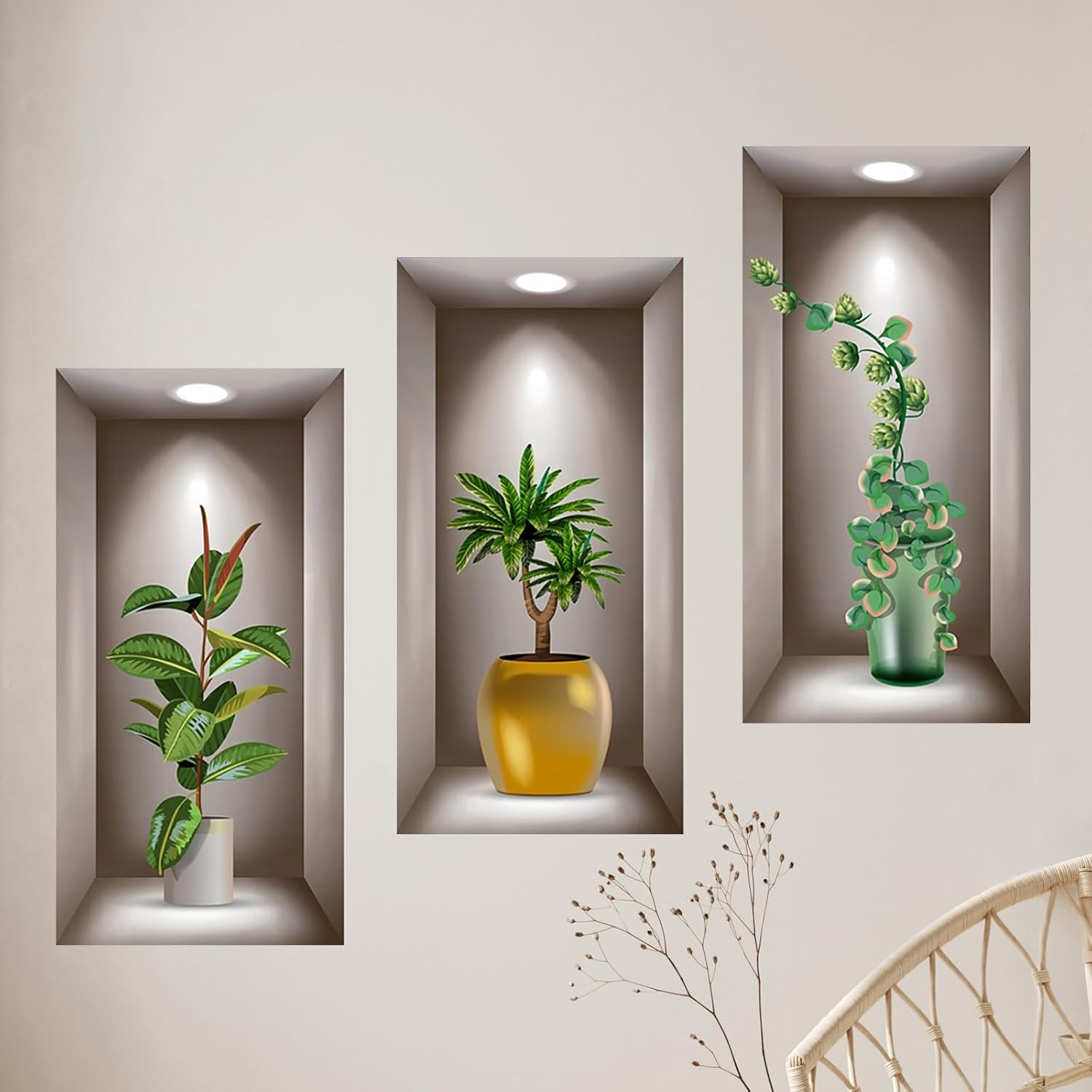 3D Potted Plants Wall Stickers Set of 3 Green Leaves Multi-colored