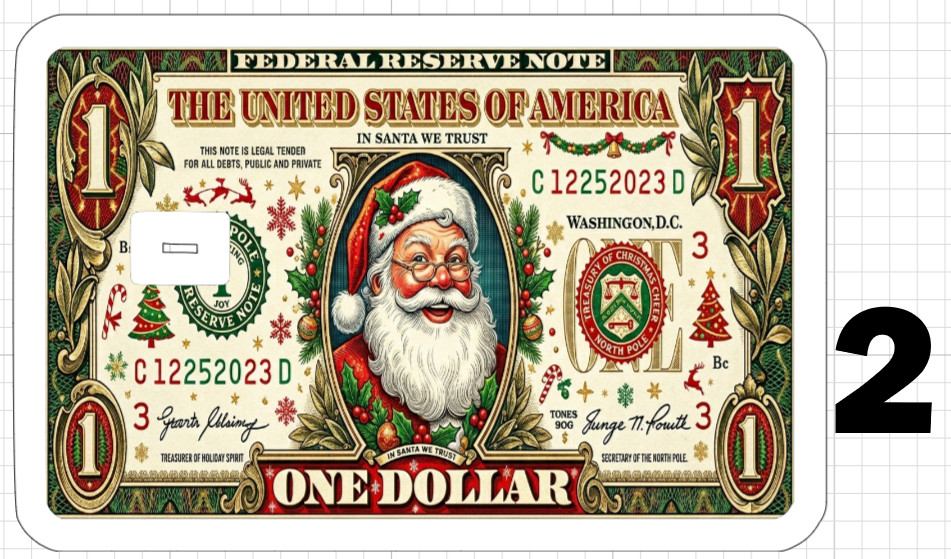 Christmas One Dollar Bill Credit Debit Card Skin ATM Sticker Gift Holiday Santa