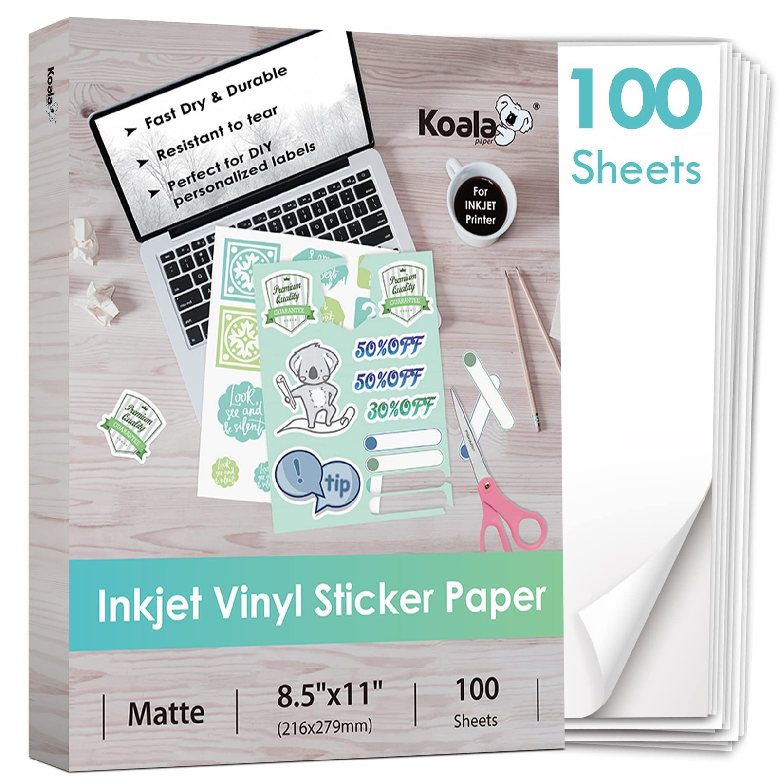 Koala Printable Vinyl Sticker Paper for Inkjet Printer – 100 Sheets Sticker P…