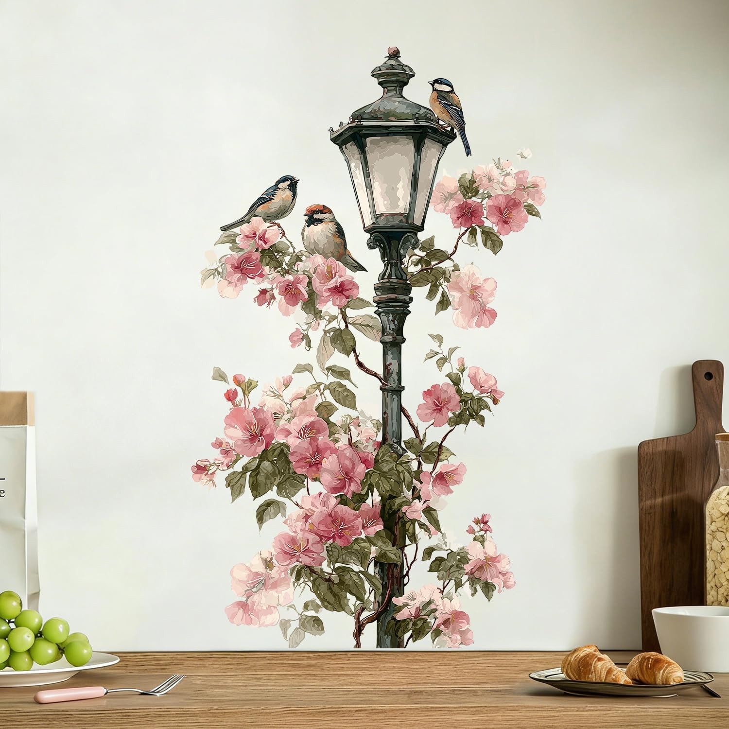 Floral Wall Decals Peel and Stick Vintage Stickers with Birds and Street Lamp…